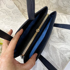 Bags: Blue Top Handle Bag with Central Gold Clasp Frame