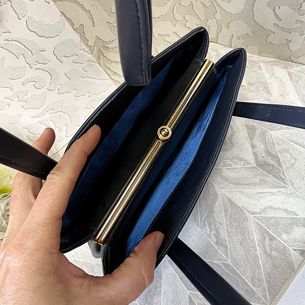 Bags: Blue Top Handle Bag with Central Gold Clasp Frame