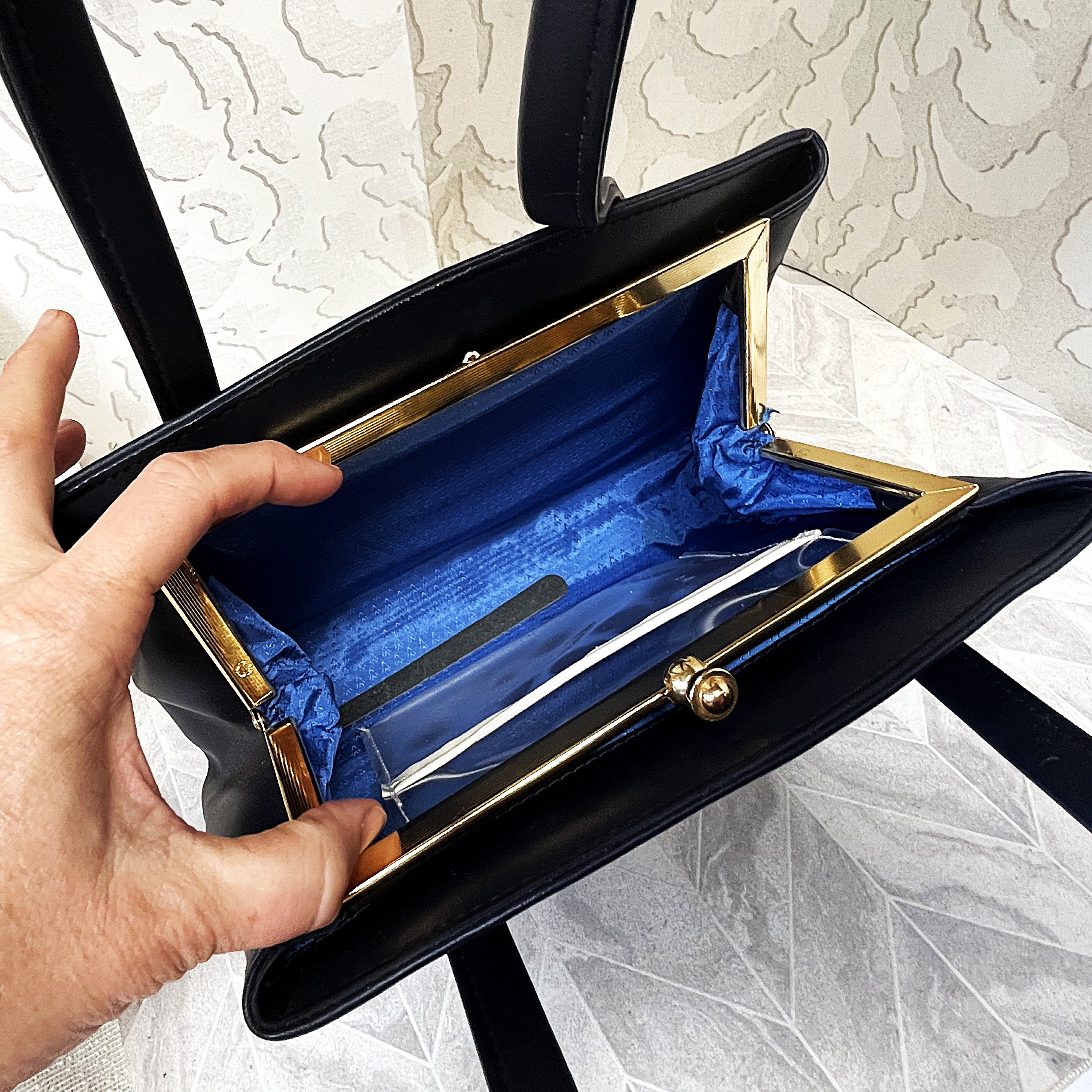 Bags: Blue Top Handle Bag with Central Gold Clasp Frame