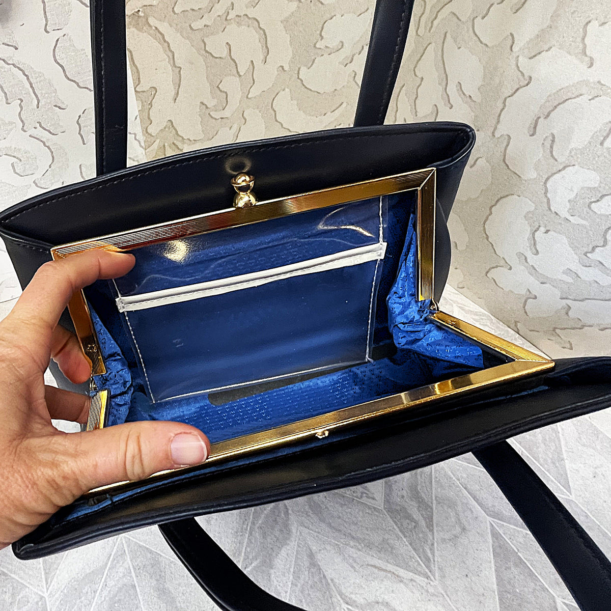 Bags: Blue Top Handle Bag with Central Gold Clasp Frame