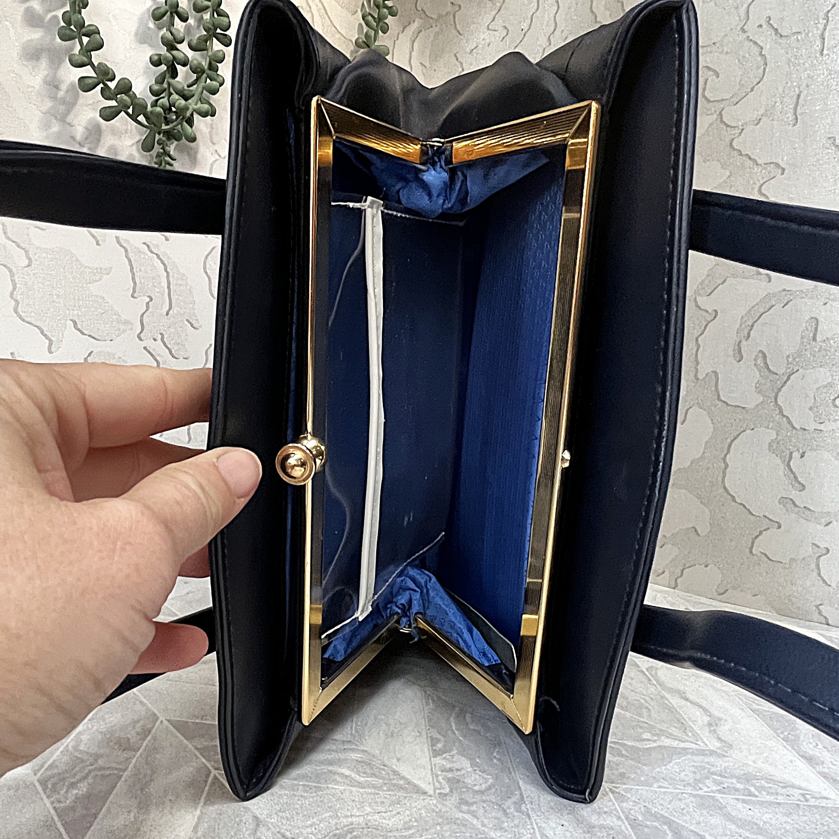 Bags: Blue Top Handle Bag with Central Gold Clasp Frame