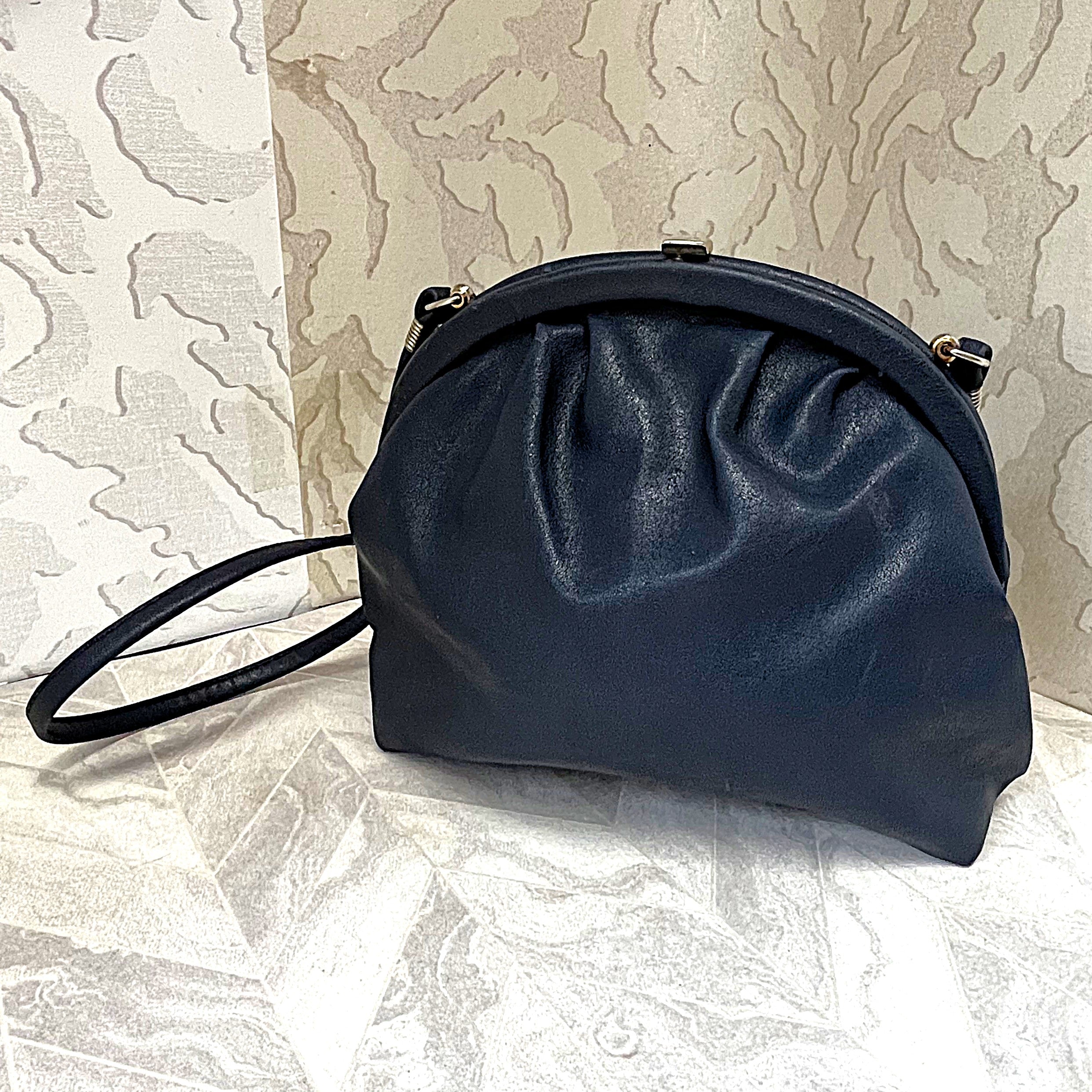 Bags: Yves St Tropez Navy Blue Leather Ruched Frame Evening Bag