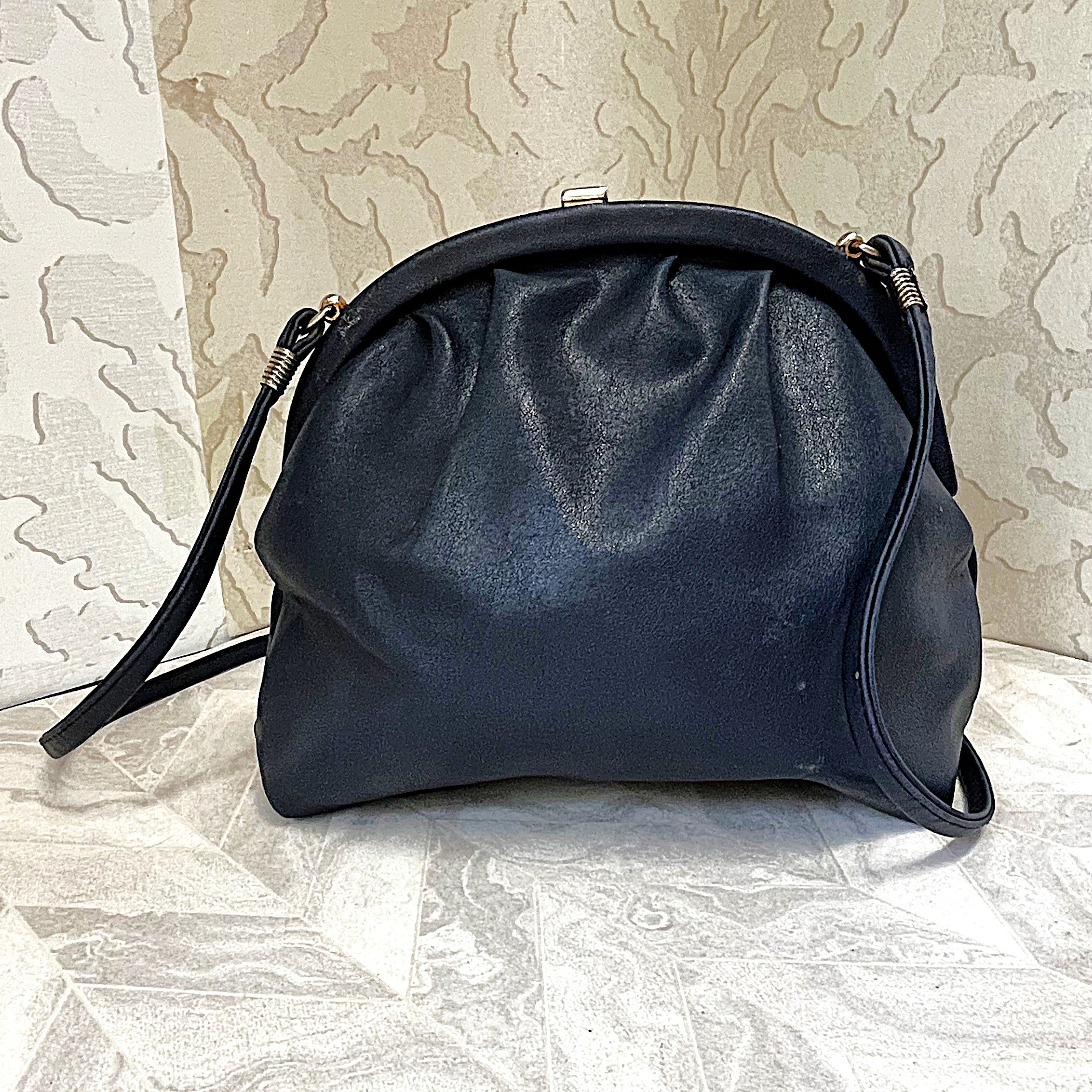 Bags: Yves St Tropez Navy Blue Leather Ruched Frame Evening Bag