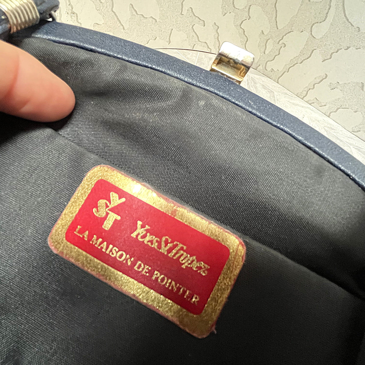 Bags: Yves St Tropez Navy Blue Leather Ruched Frame Evening Bag