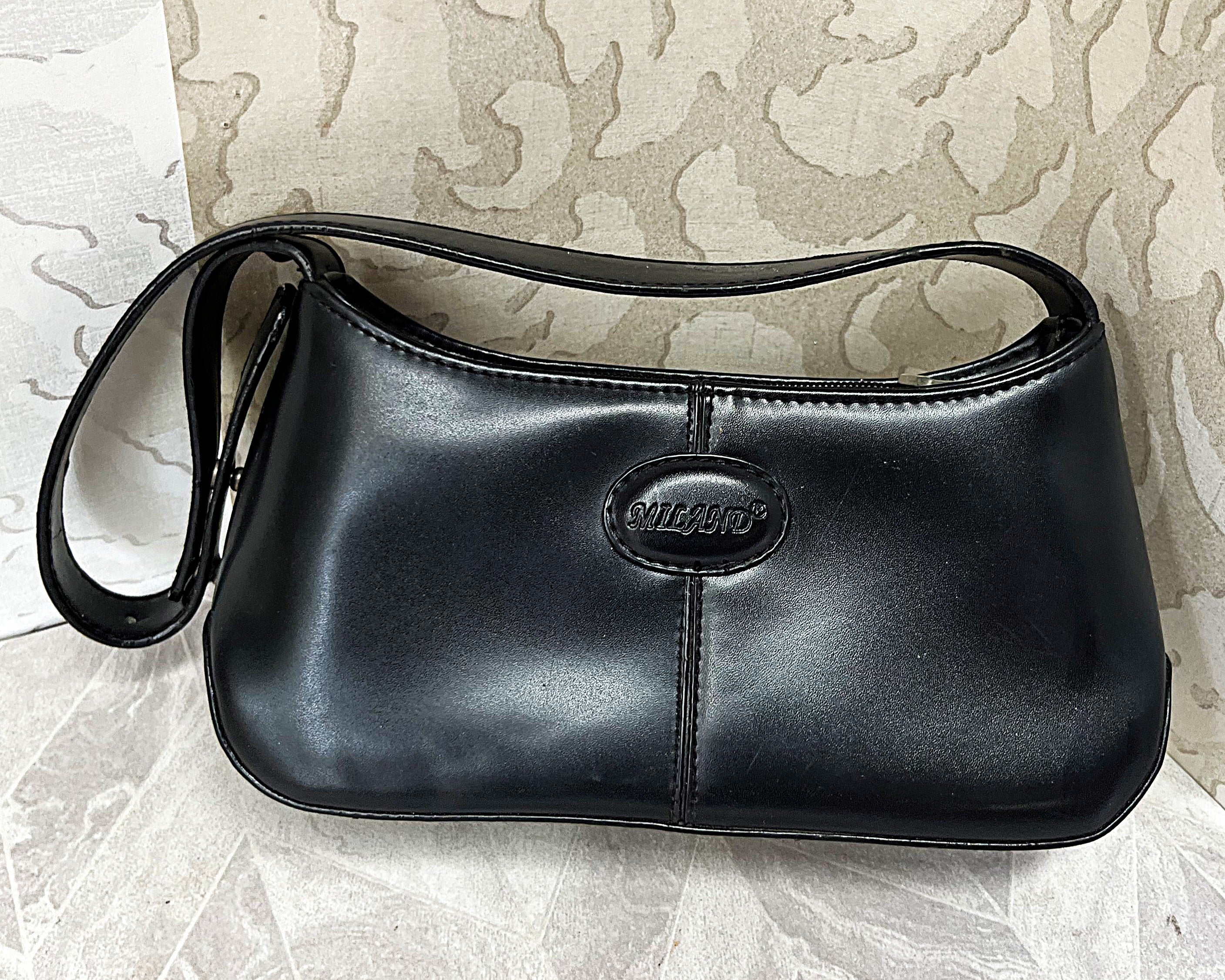 Bags: Milano Jet Black Faux Leather Y2K Baguette Shoulder Bag