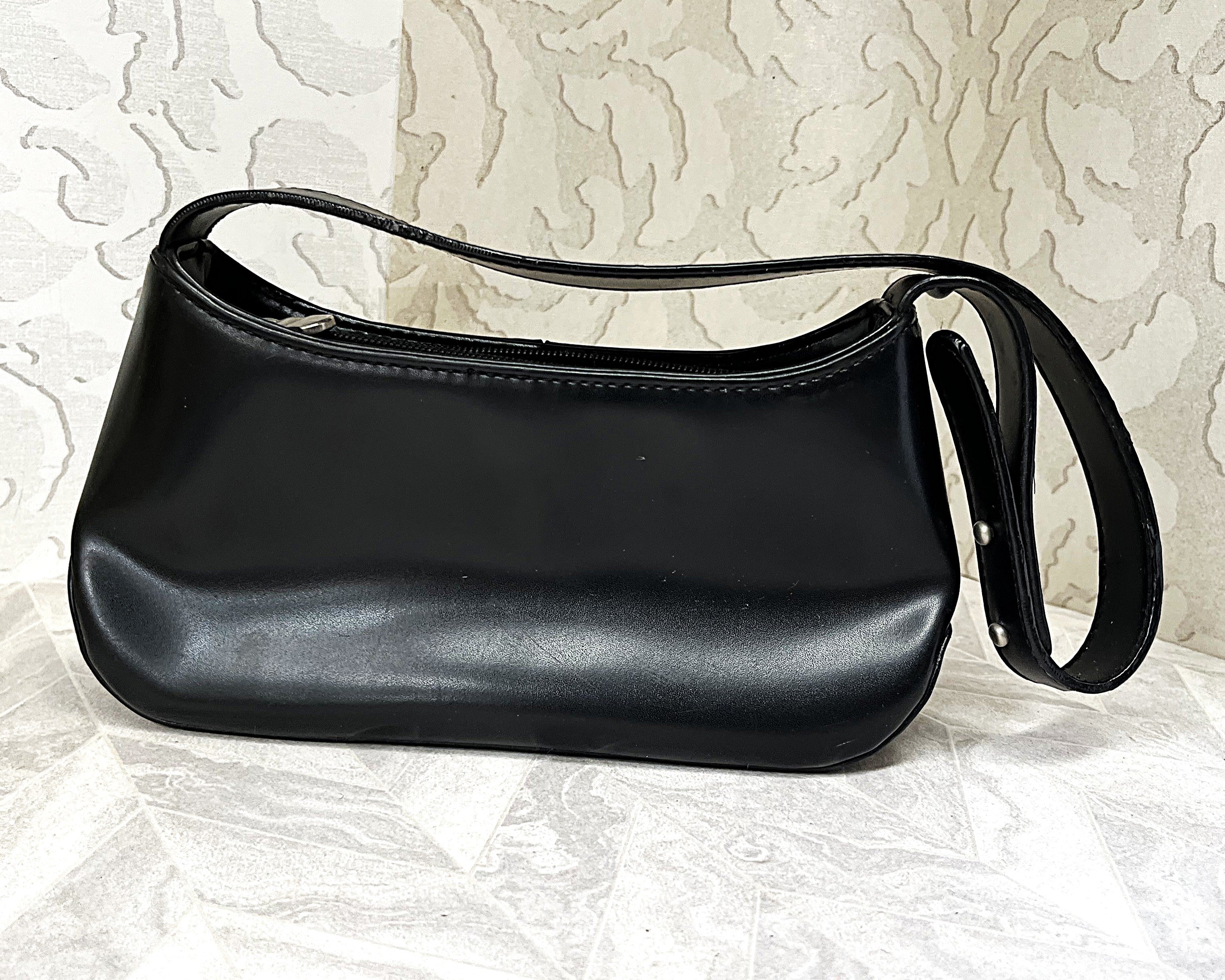 Bags: Milano Jet Black Faux Leather Y2K Baguette Shoulder Bag