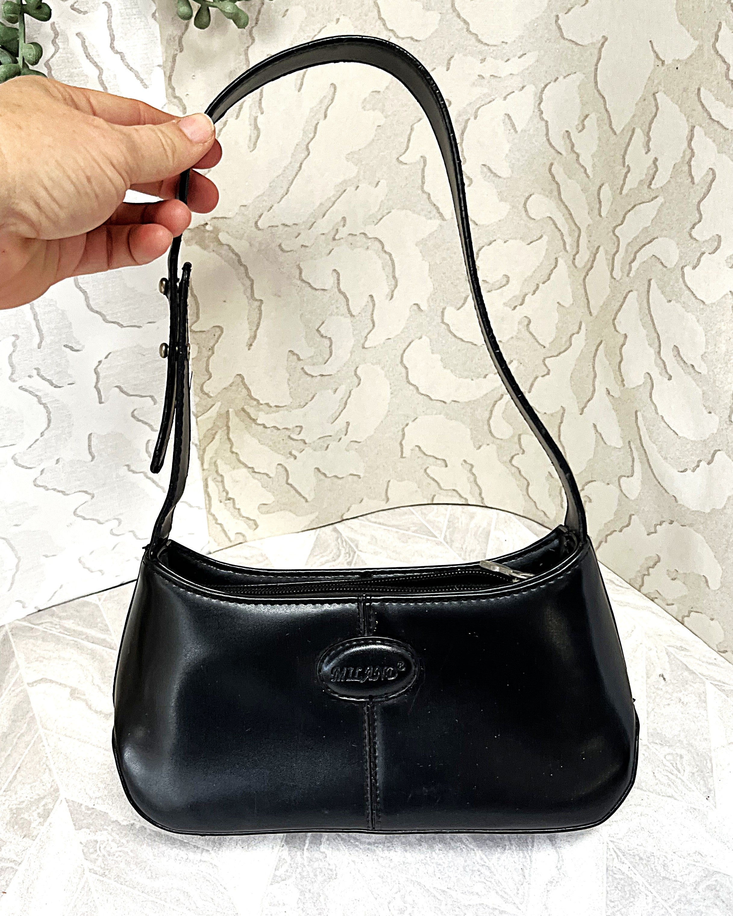 Bags: Milano Jet Black Faux Leather Y2K Baguette Shoulder Bag