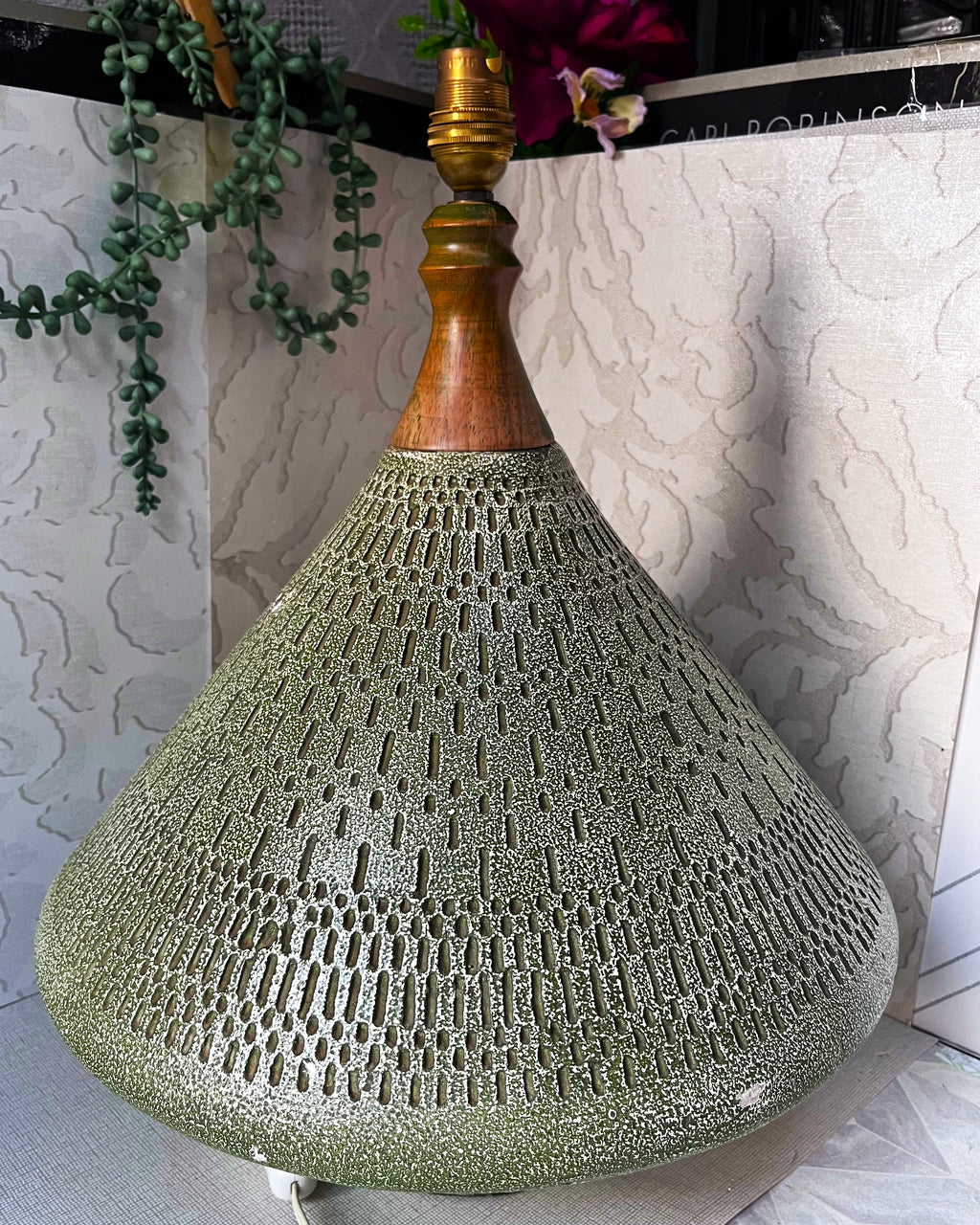Lamps: Mid-Century Modern Incised Green Studio Pottery Table Lamp Base