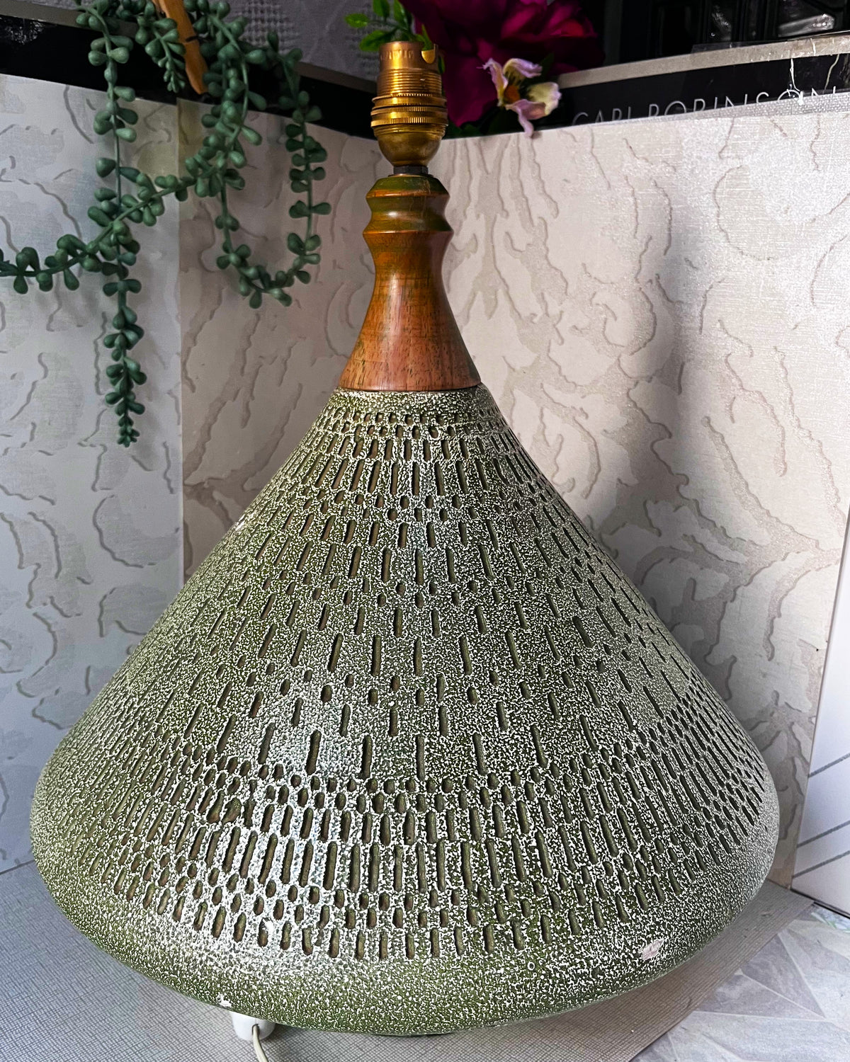 Lamps: Mid-Century Modern Incised Green Studio Pottery Table Lamp Base