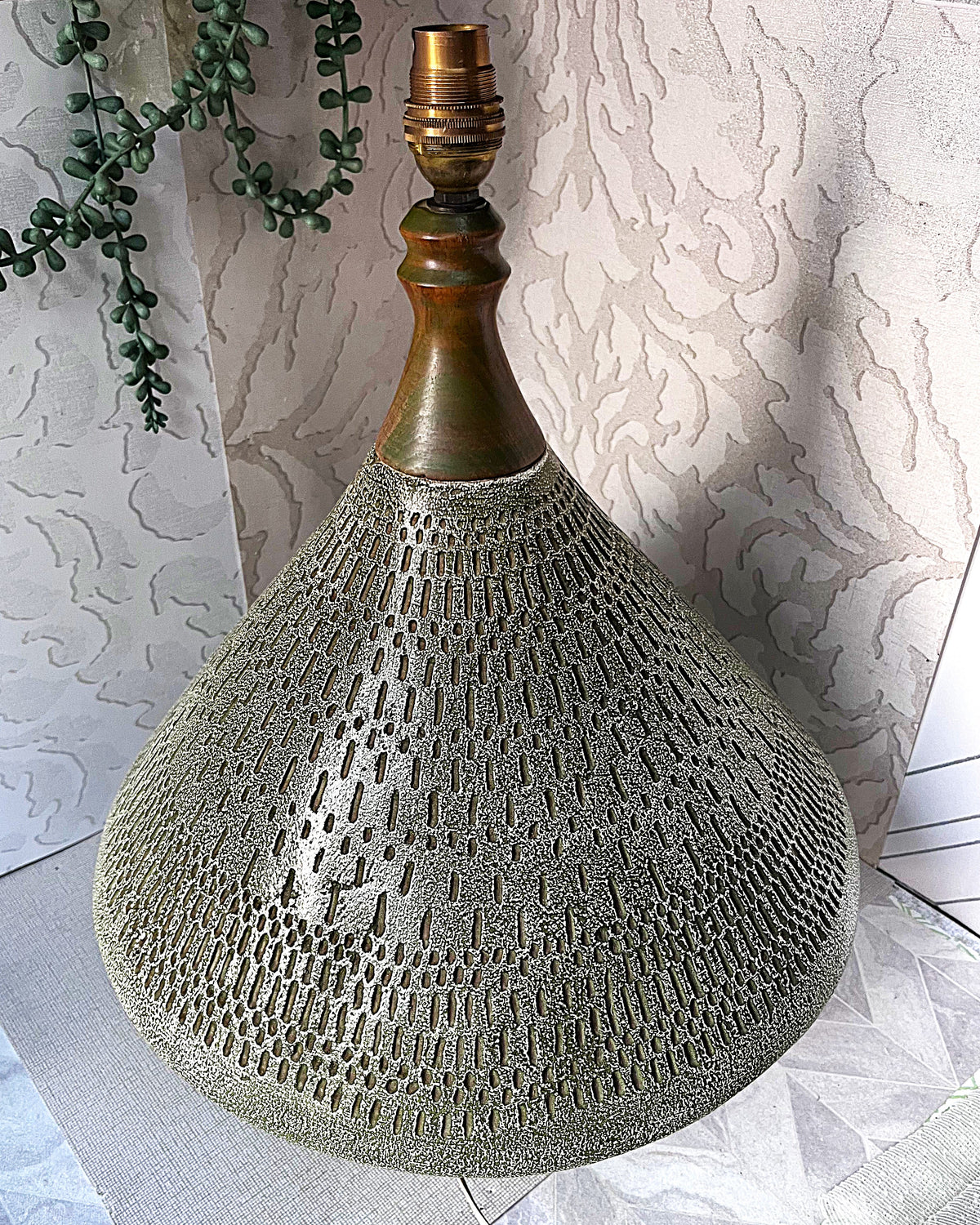 Lamps: Mid-Century Modern Incised Green Studio Pottery Table Lamp Base