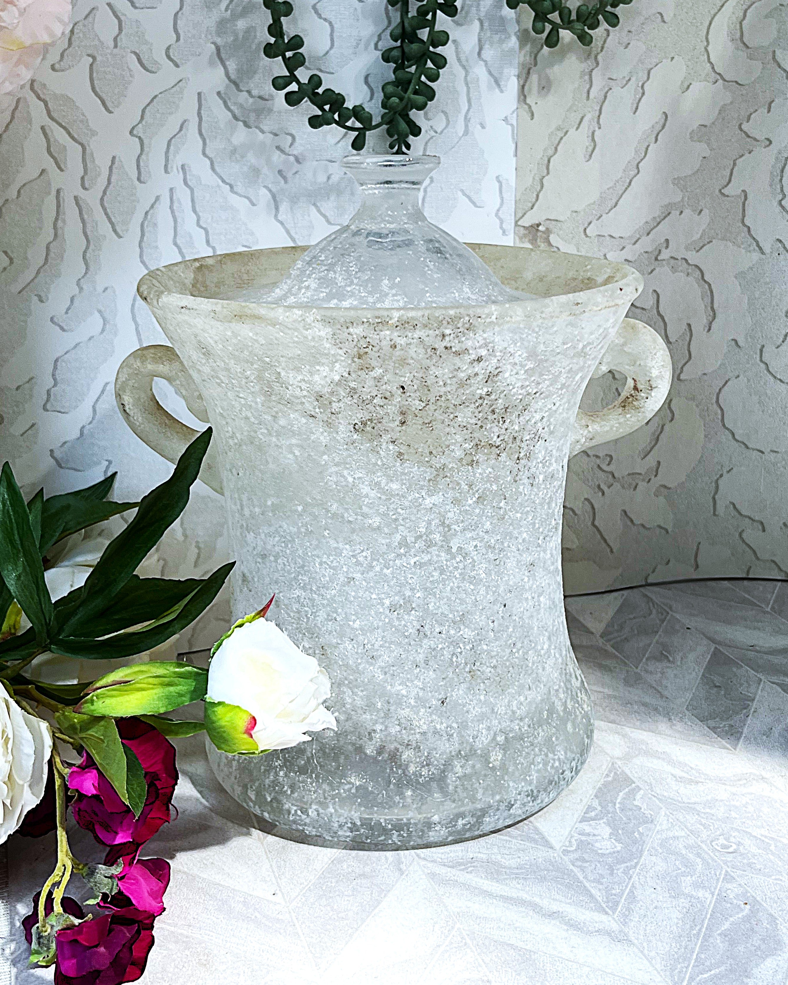 Decorative Art Glass: Rare Murano Mid-Century "Scavo" Lidded Glass Urn
