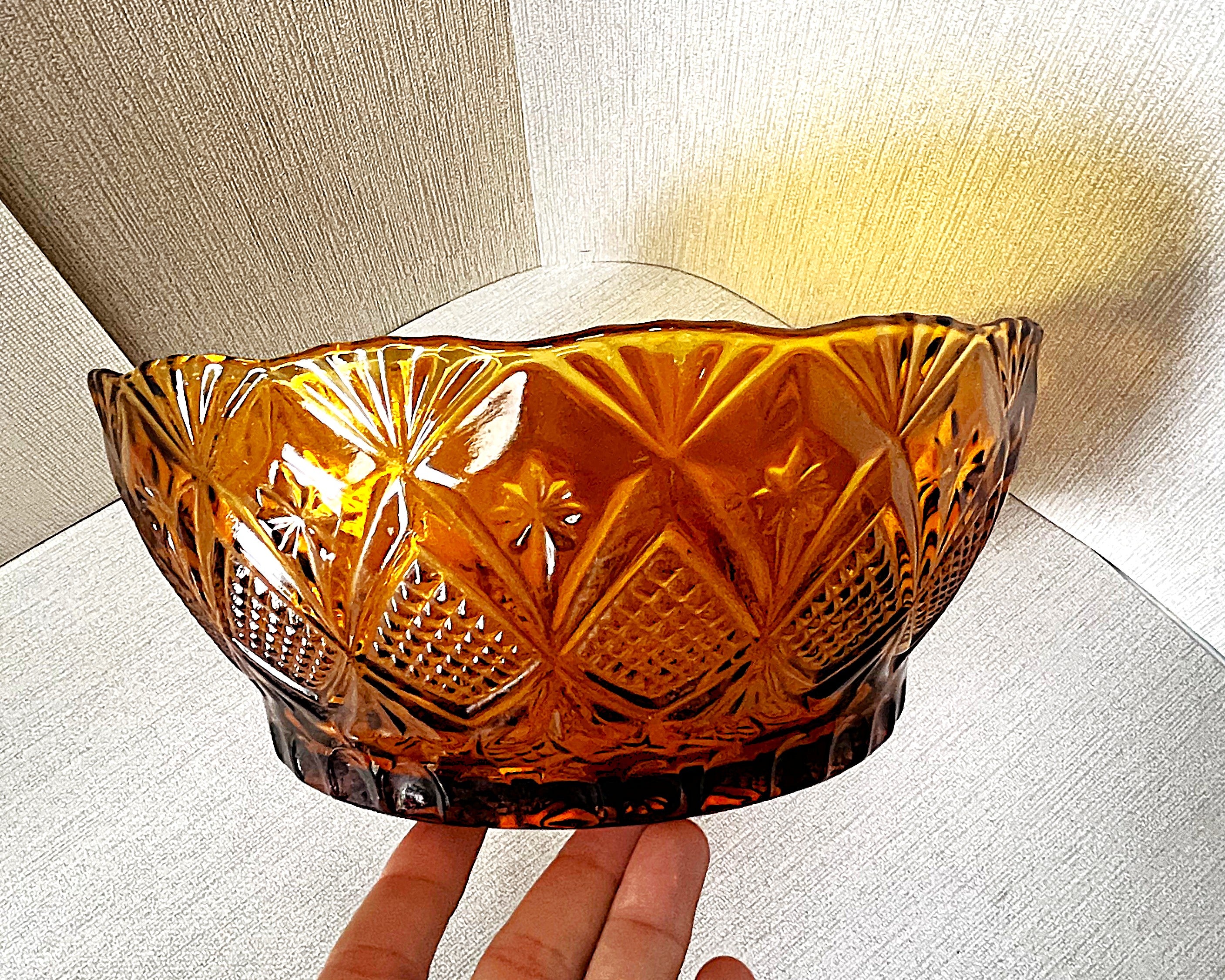 Coloured Glass: KIG Amber Glass Salad Bowl, Fan & Stars