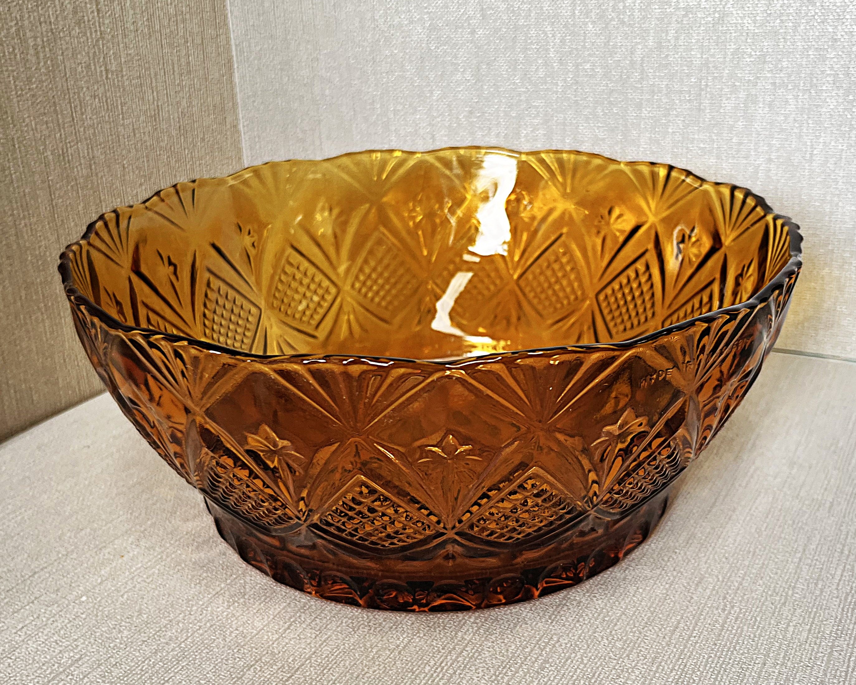 Coloured Glass: KIG Amber Glass Salad Bowl, Fan & Stars