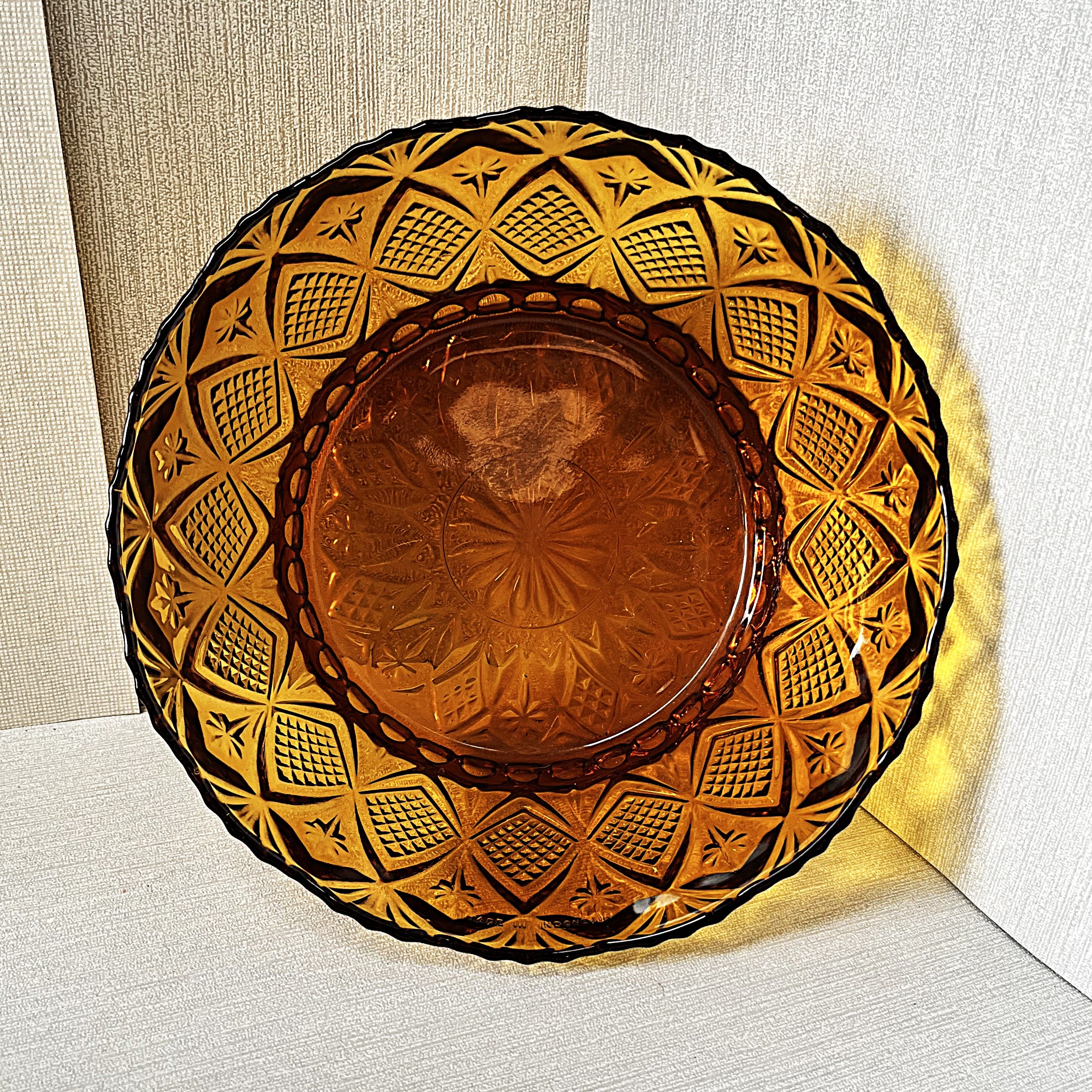 Coloured Glass: KIG Amber Glass Salad Bowl, Fan & Stars