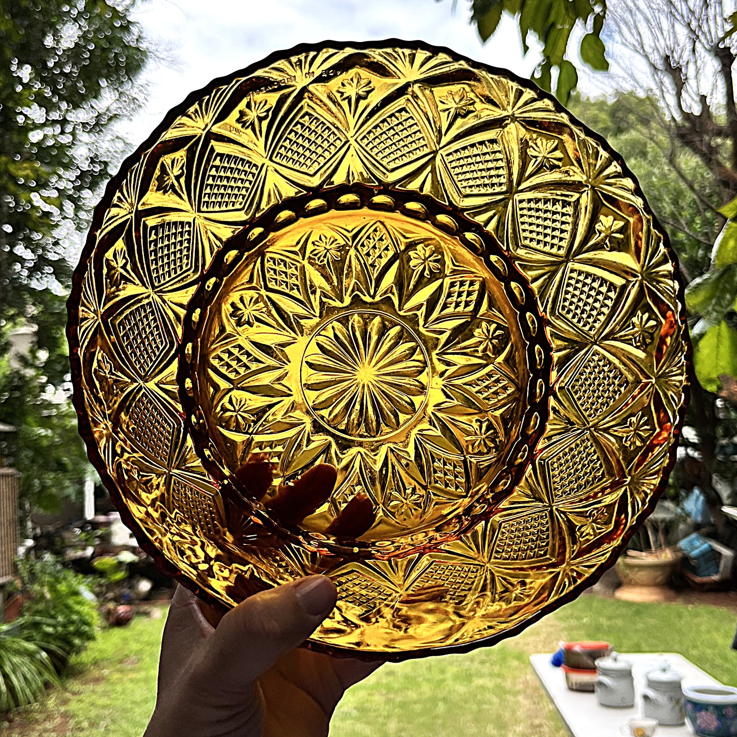 Coloured Glass: KIG Amber Glass Salad Bowl, Fan & Stars