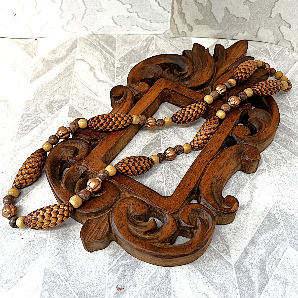 Jewellery: Balinese Hand-Carved Pinecone-Scale Botanical Seed Pod & Turned Wood Eco-Chic Statement Strand
