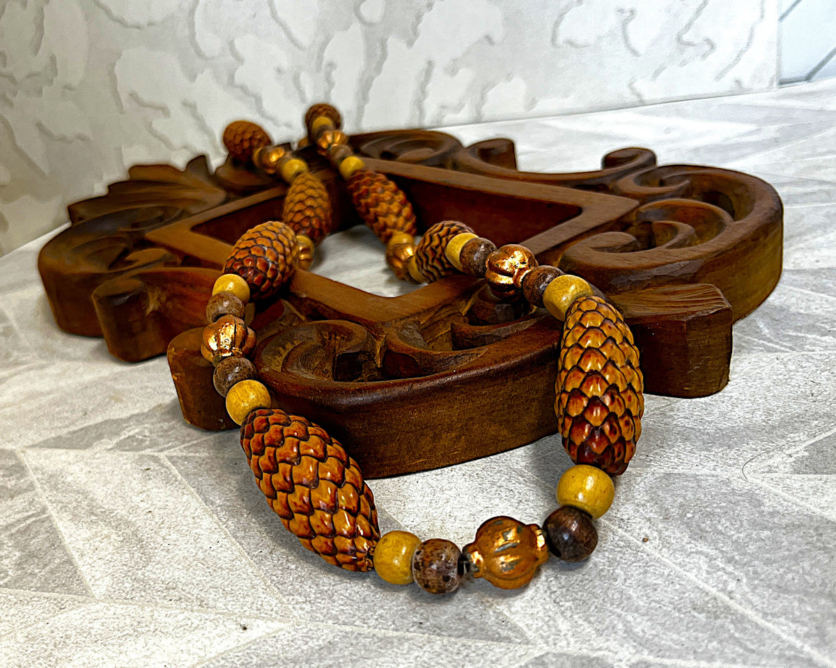 Jewellery: Balinese Hand-Carved Pinecone-Scale Botanical Seed Pod & Turned Wood Eco-Chic Statement Strand