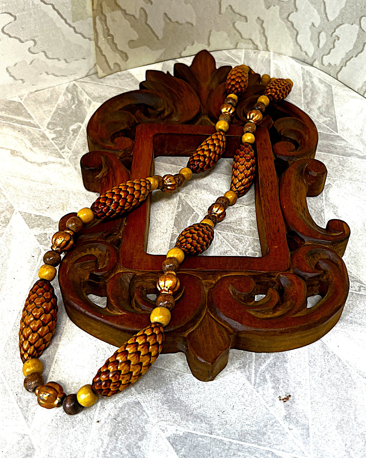 Jewellery: Balinese Hand-Carved Pinecone-Scale Botanical Seed Pod & Turned Wood Eco-Chic Statement Strand