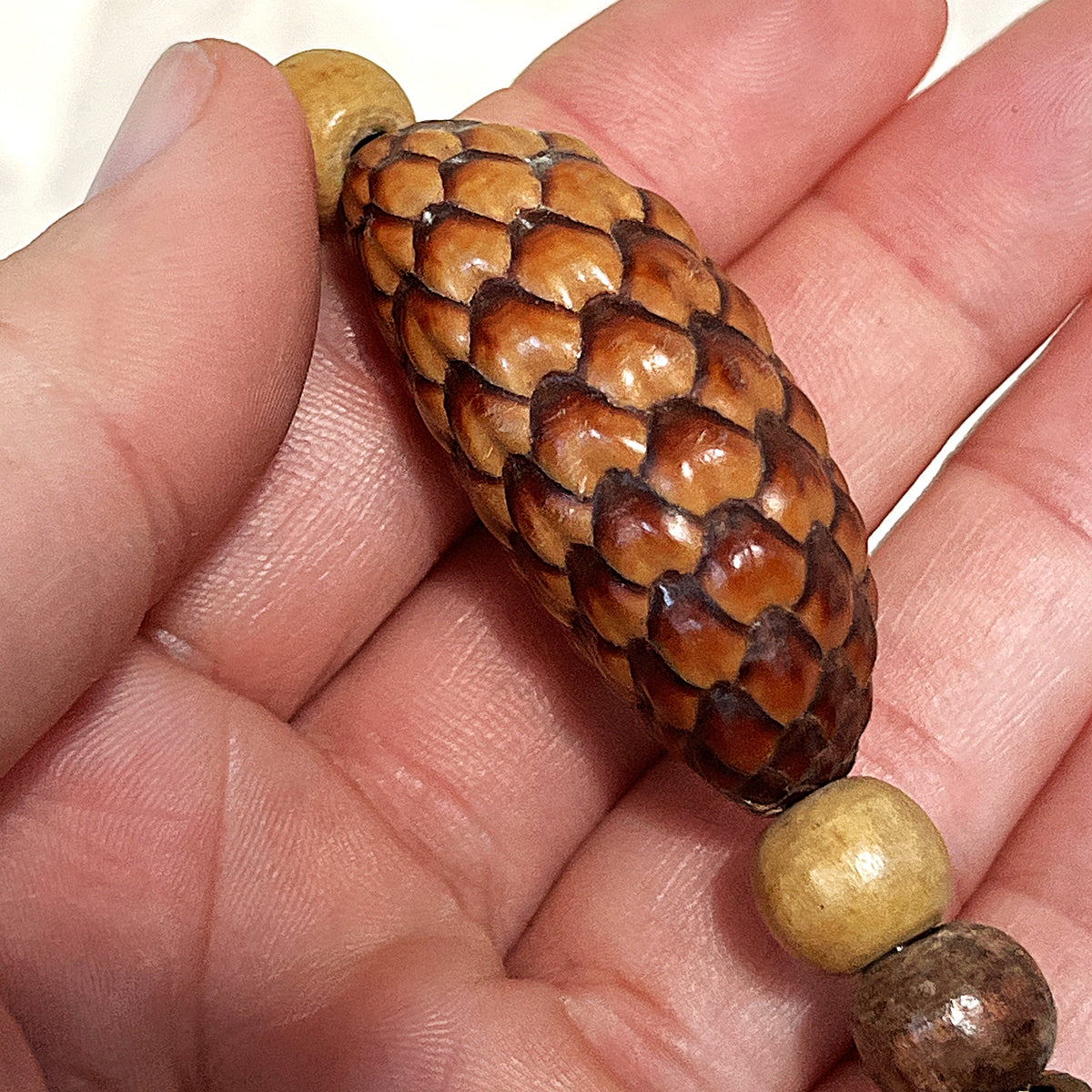 Jewellery: Balinese Hand-Carved Pinecone-Scale Botanical Seed Pod & Turned Wood Eco-Chic Statement Strand