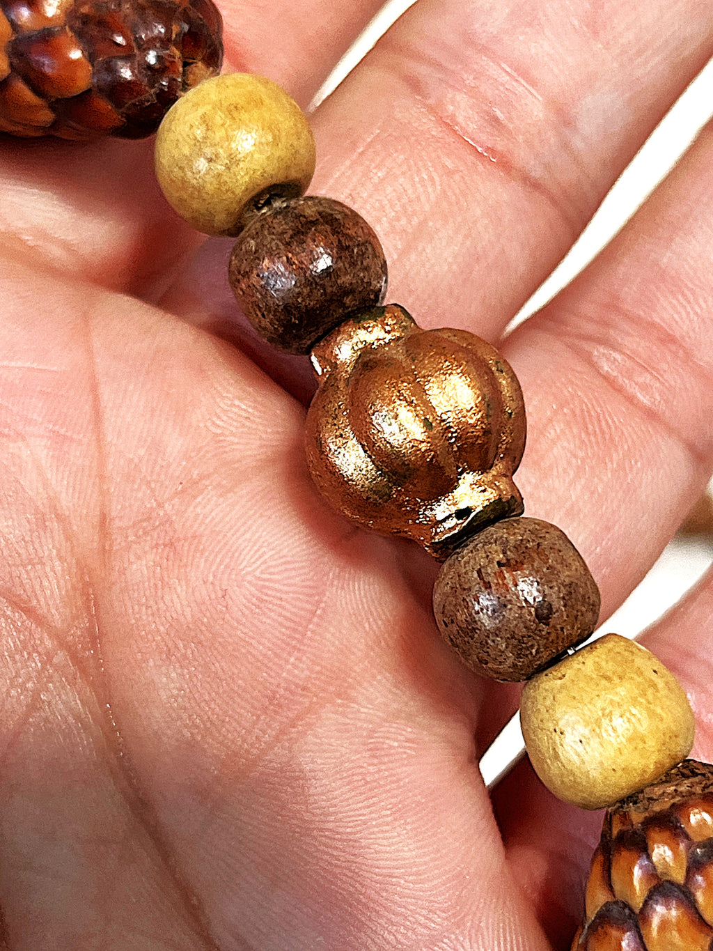 Jewellery: Balinese Hand-Carved Pinecone-Scale Botanical Seed Pod & Turned Wood Eco-Chic Statement Strand