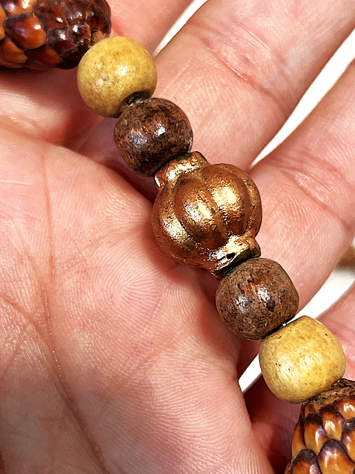 Jewellery: Balinese Hand-Carved Pinecone-Scale Botanical Seed Pod & Turned Wood Eco-Chic Statement Strand