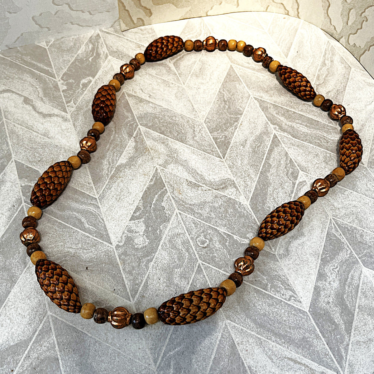 Jewellery: Balinese Hand-Carved Pinecone-Scale Botanical Seed Pod & Turned Wood Eco-Chic Statement Strand