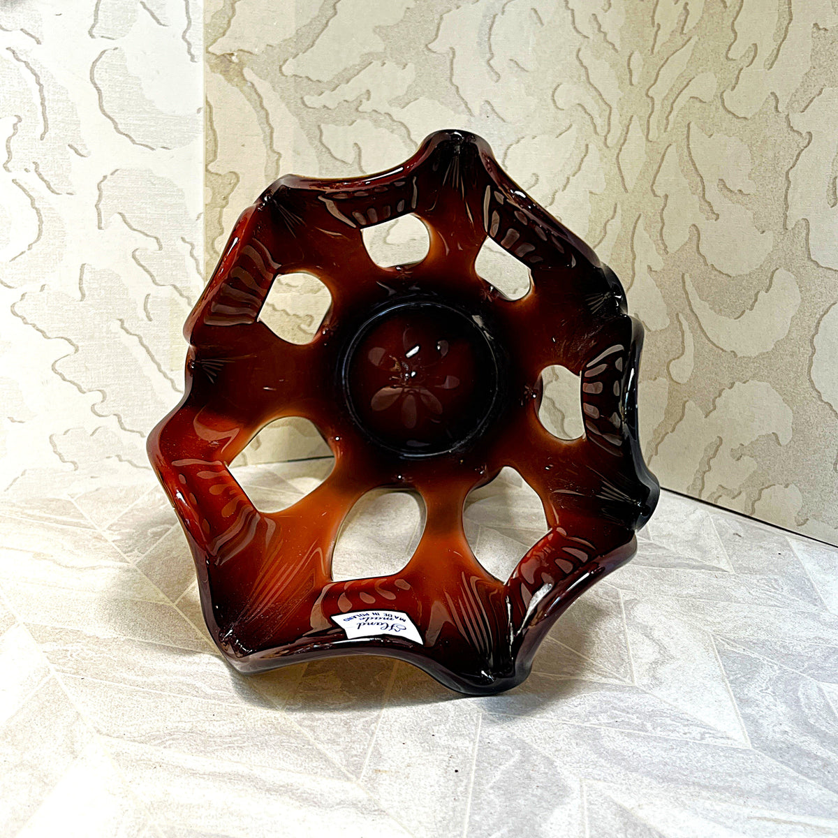Decorative Art Glass: Mid-Century Makora Krosno Hand-Blown Amber Art Glass Vase