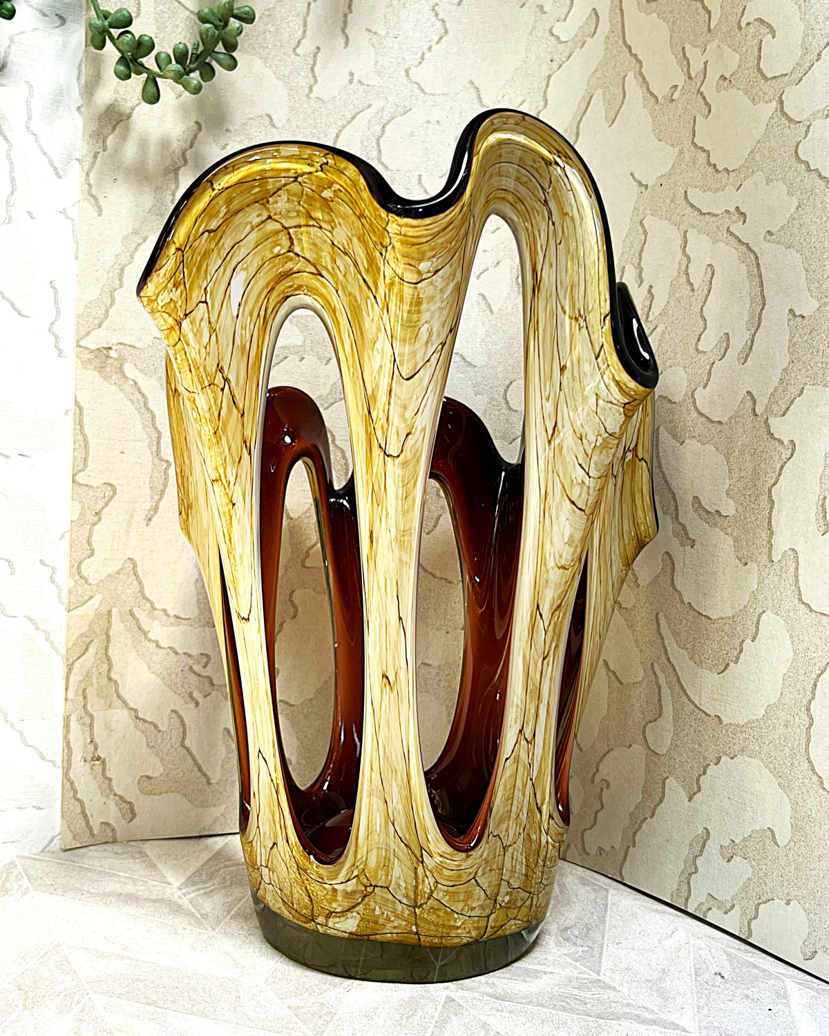 Decorative Art Glass: Mid-Century Makora Krosno Hand-Blown Amber Art Glass Vase