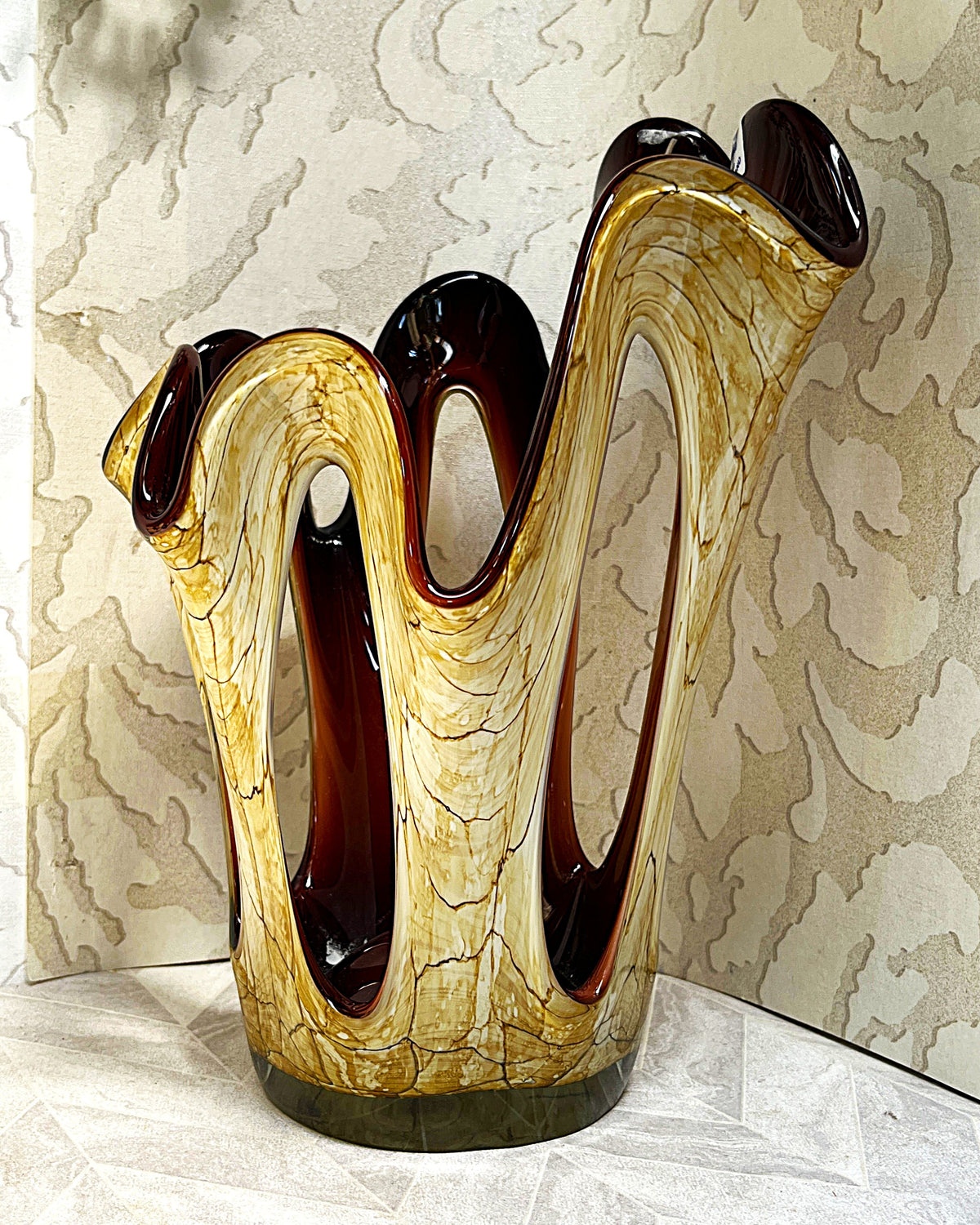 Decorative Art Glass: Mid-Century Makora Krosno Hand-Blown Amber Art Glass Vase