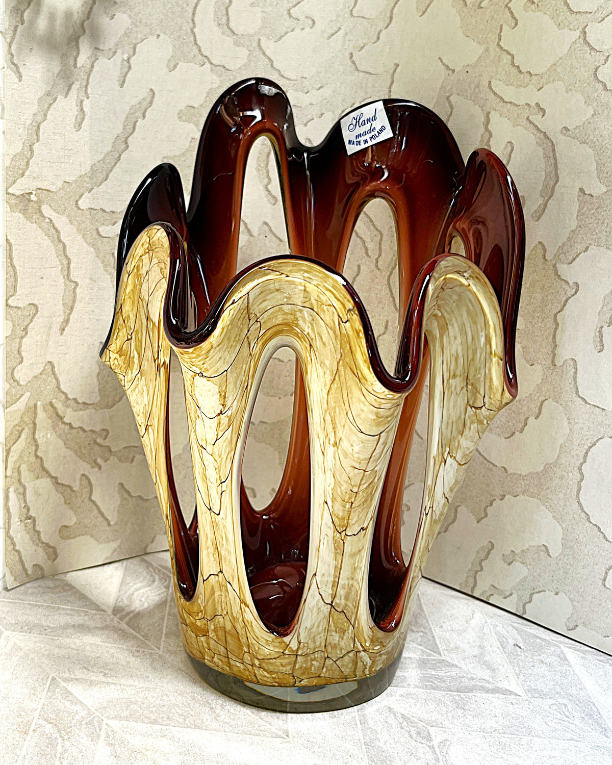 Decorative Art Glass: Mid-Century Makora Krosno Hand-Blown Amber Art Glass Vase