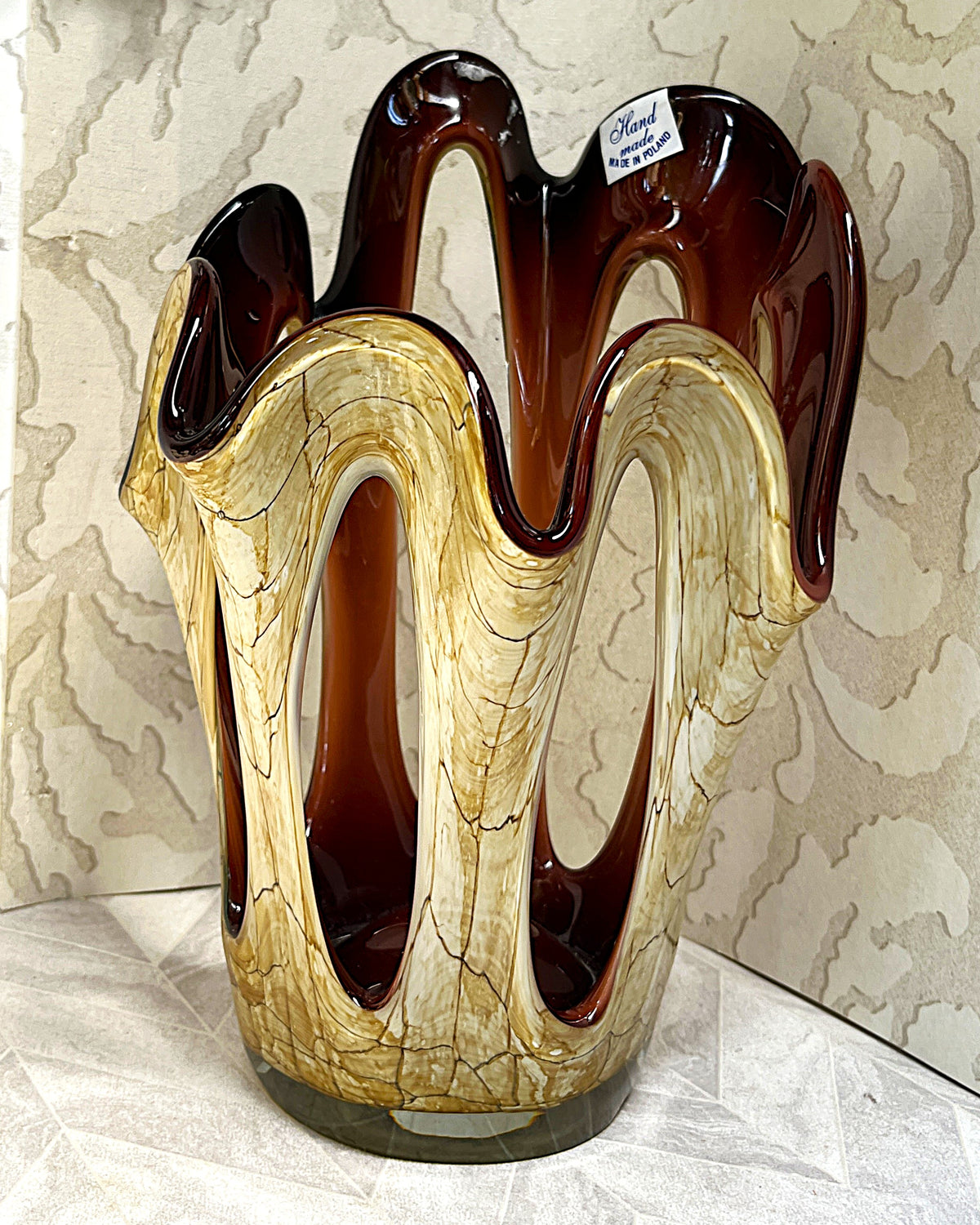 Decorative Art Glass: Mid-Century Makora Krosno Hand-Blown Amber Art Glass Vase