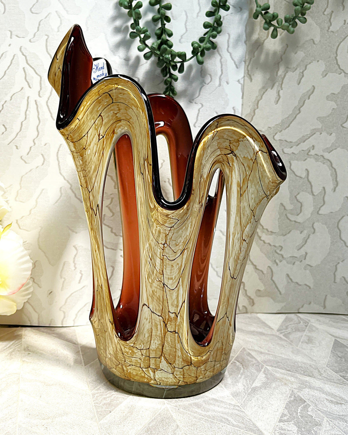 Decorative Art Glass: Mid-Century Makora Krosno Hand-Blown Amber Art Glass Vase