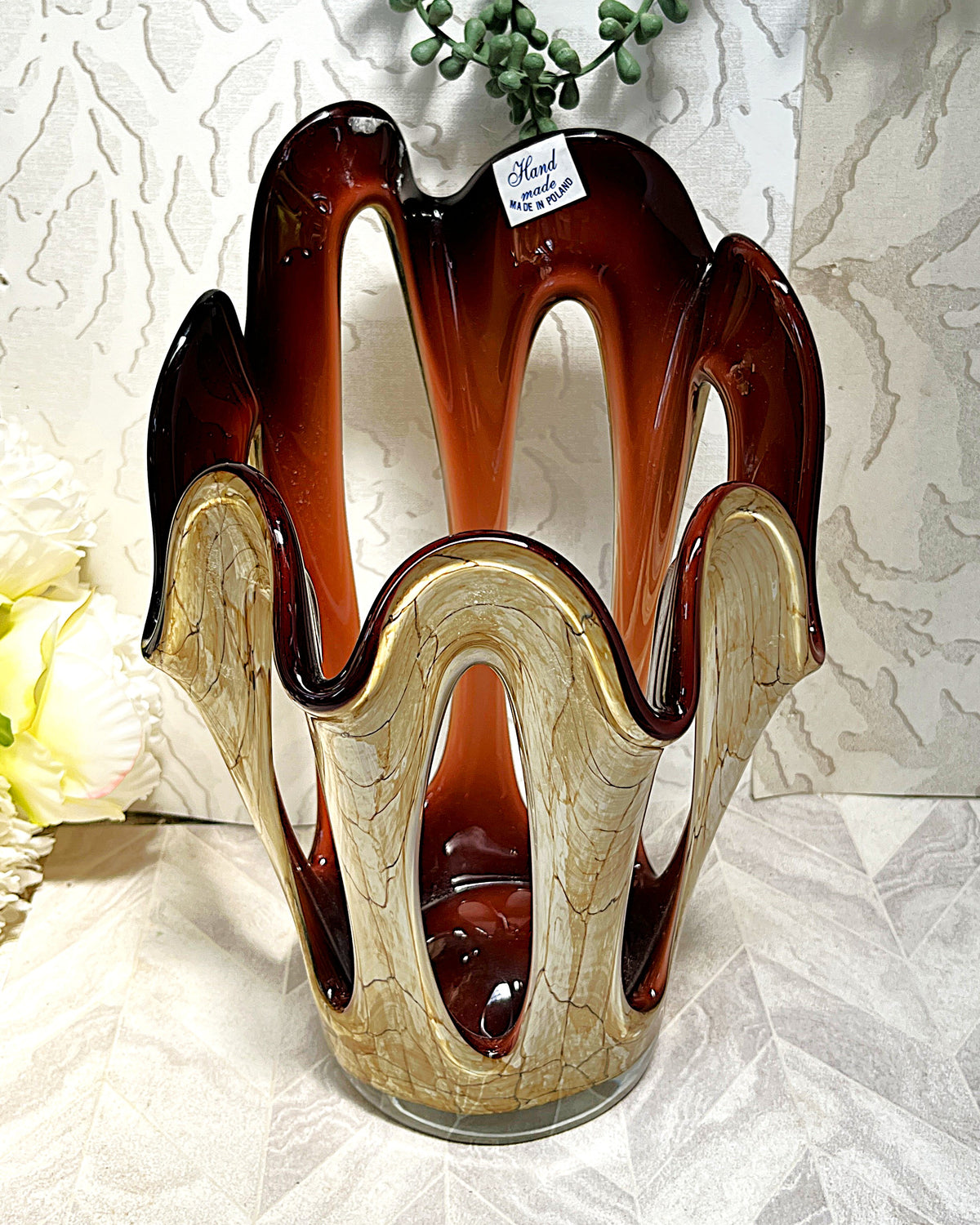 Decorative Art Glass: Mid-Century Makora Krosno Hand-Blown Amber Art Glass Vase