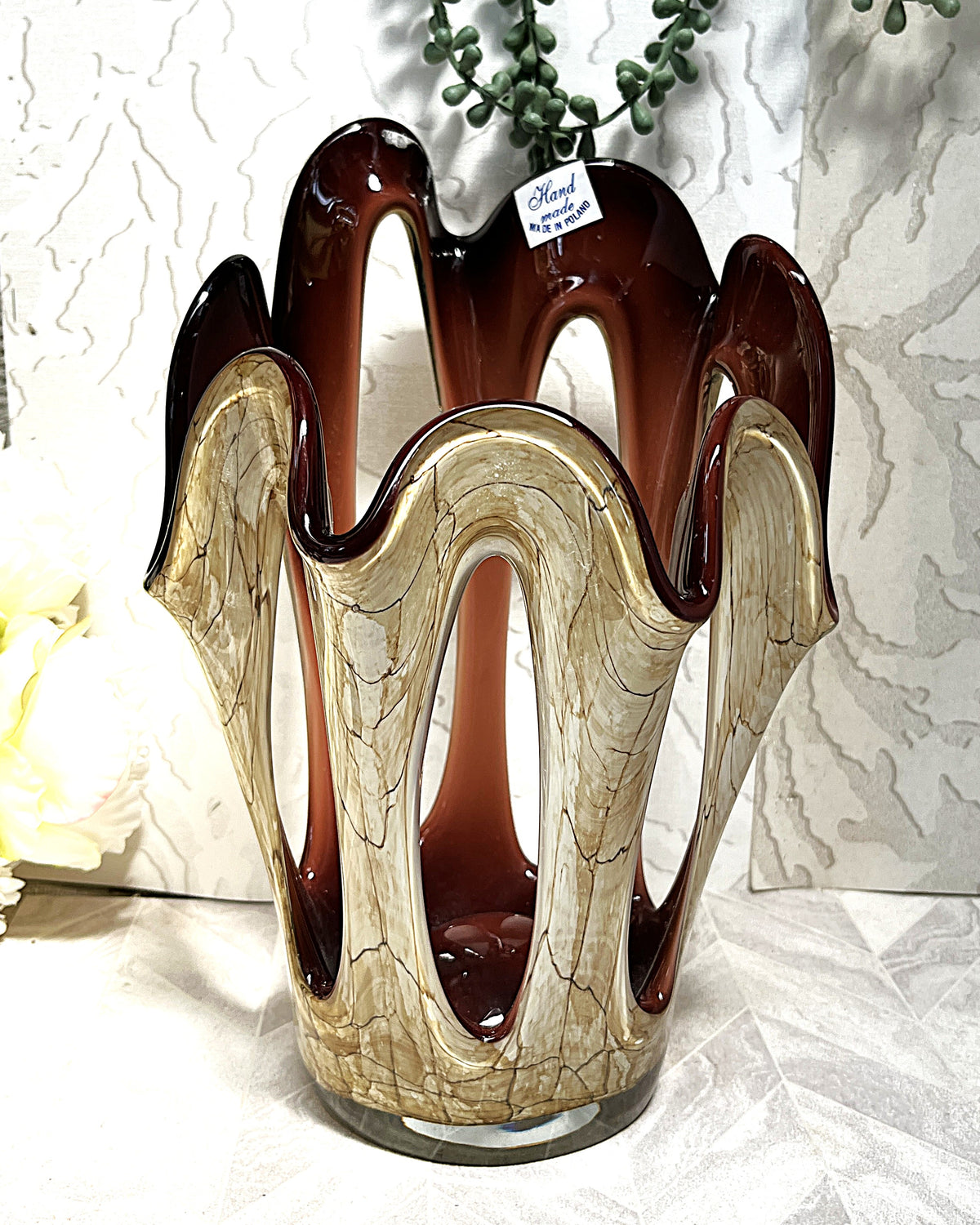 Decorative Art Glass: Mid-Century Makora Krosno Hand-Blown Amber Art Glass Vase