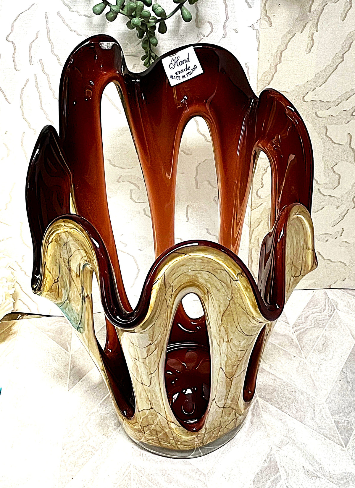 Decorative Art Glass: Mid-Century Makora Krosno Hand-Blown Amber Art Glass Vase