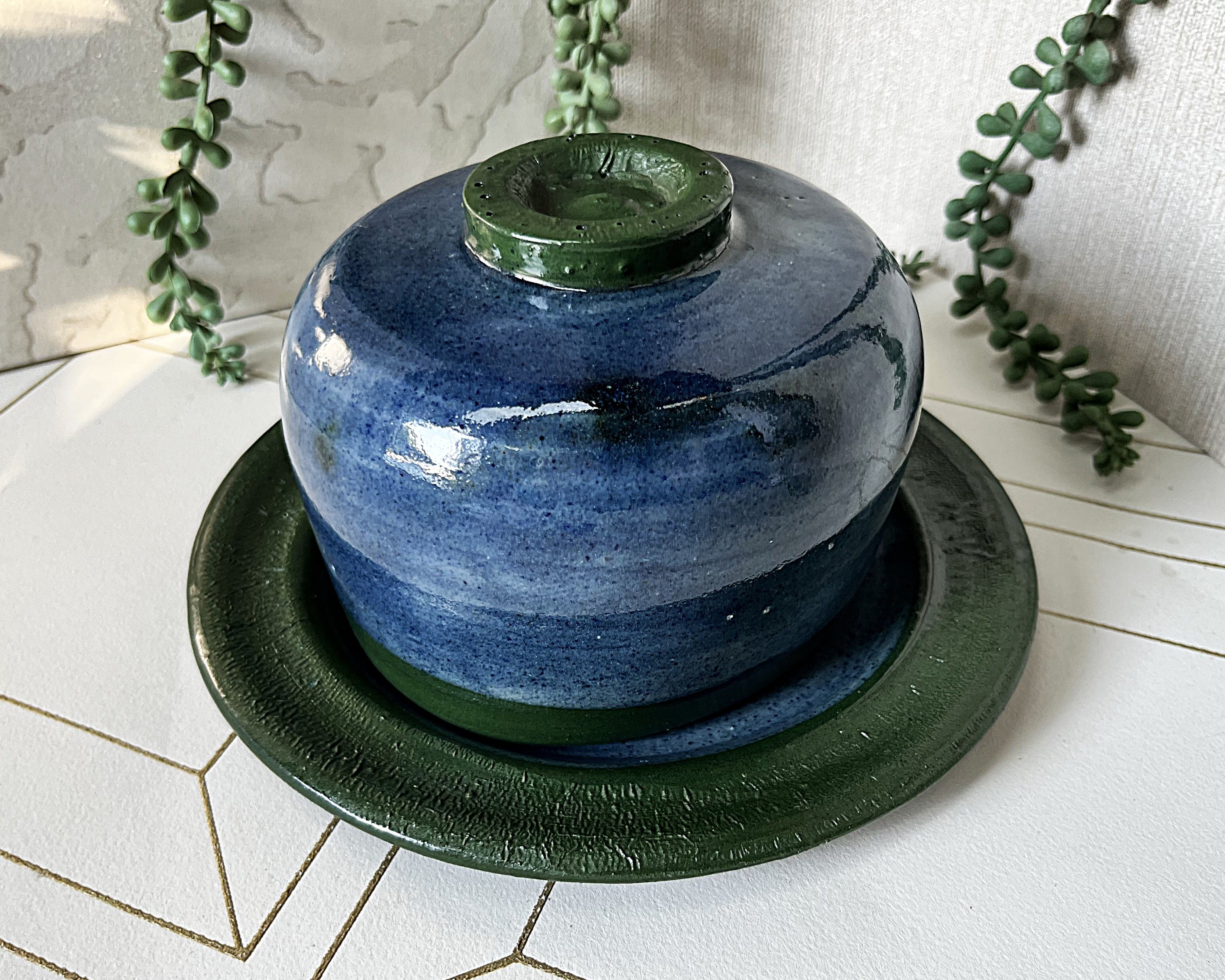 Studio Pottery: French Butter Bell Blue & Green