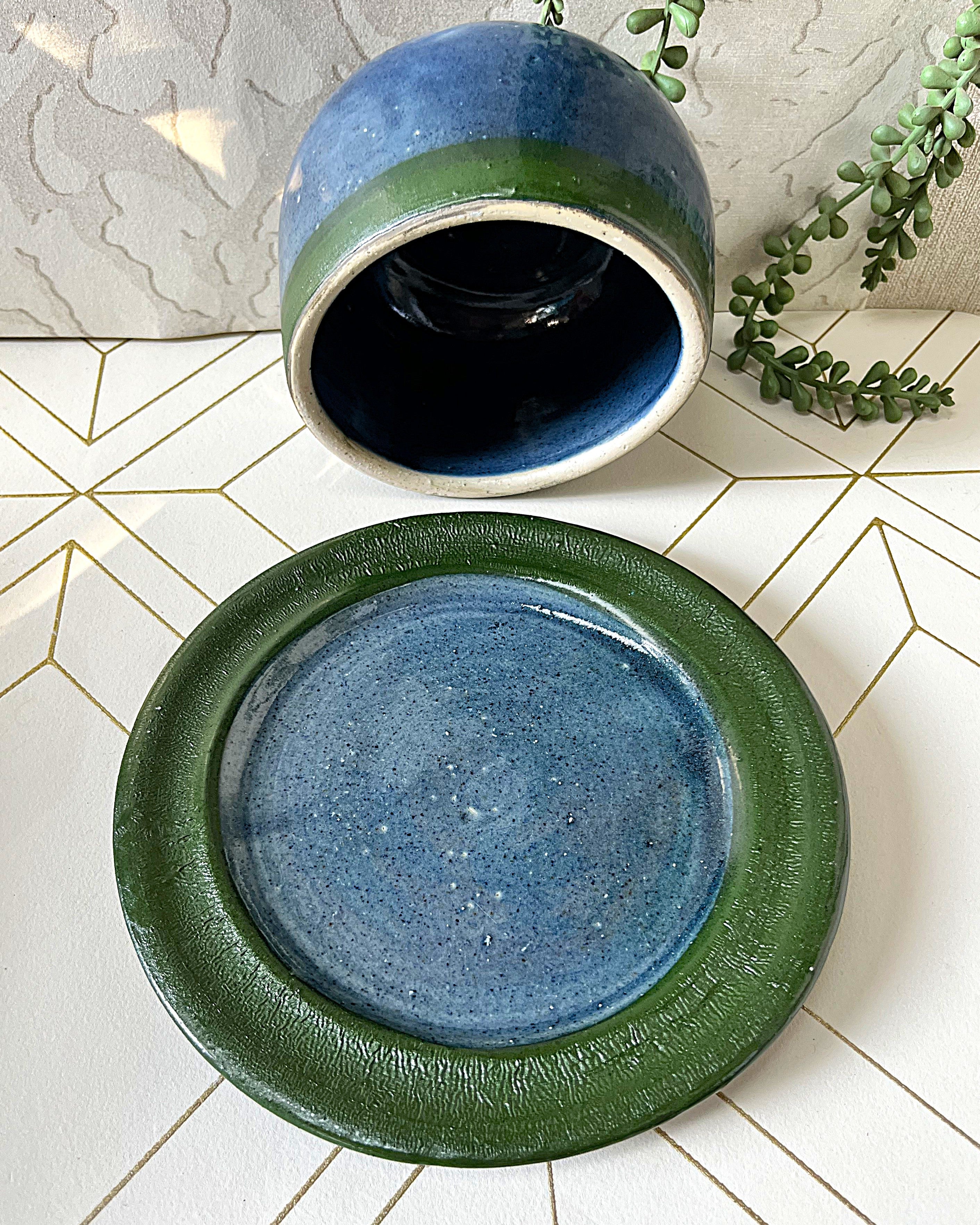 Studio Pottery: French Butter Bell Blue & Green