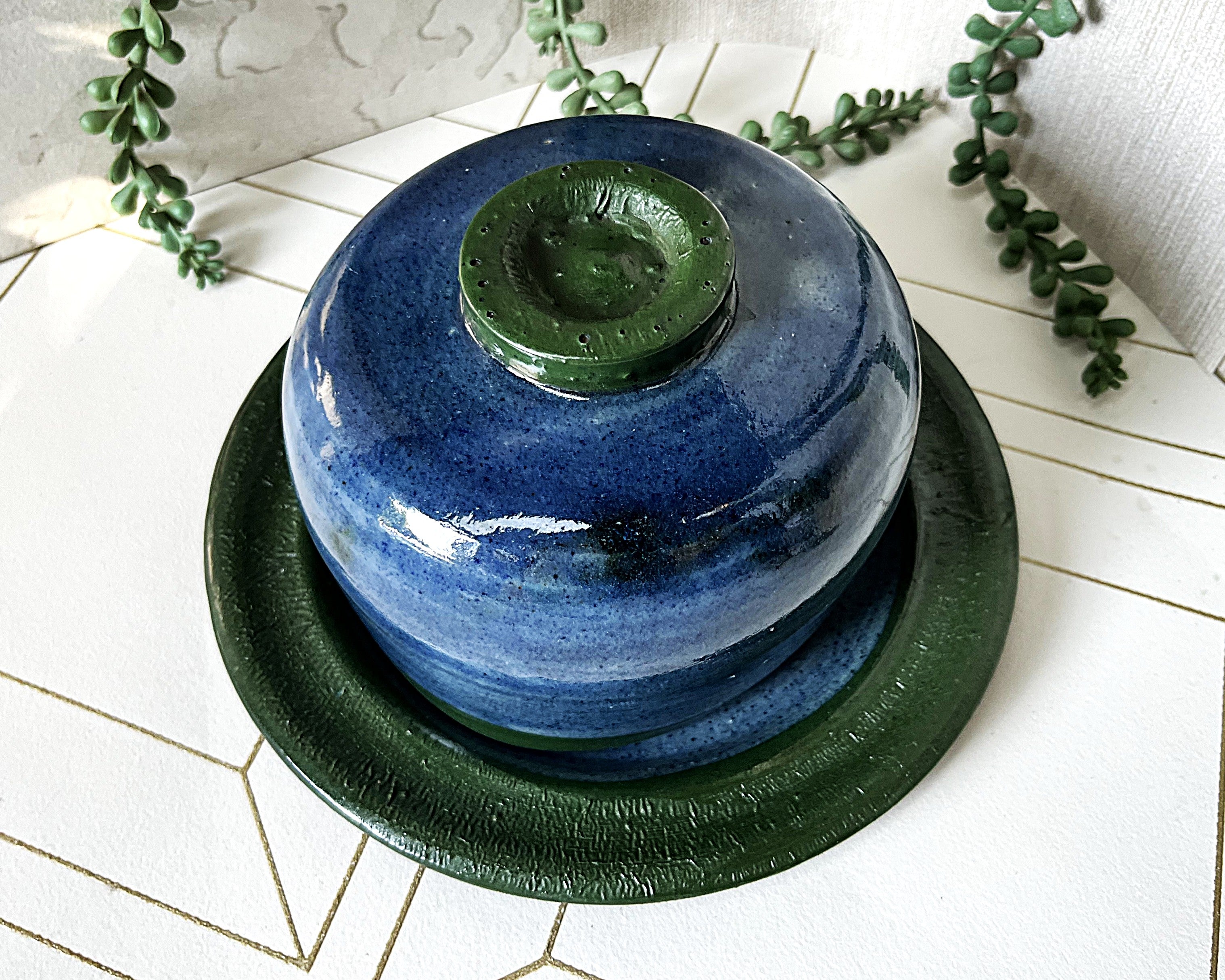 Studio Pottery: French Butter Bell Blue & Green