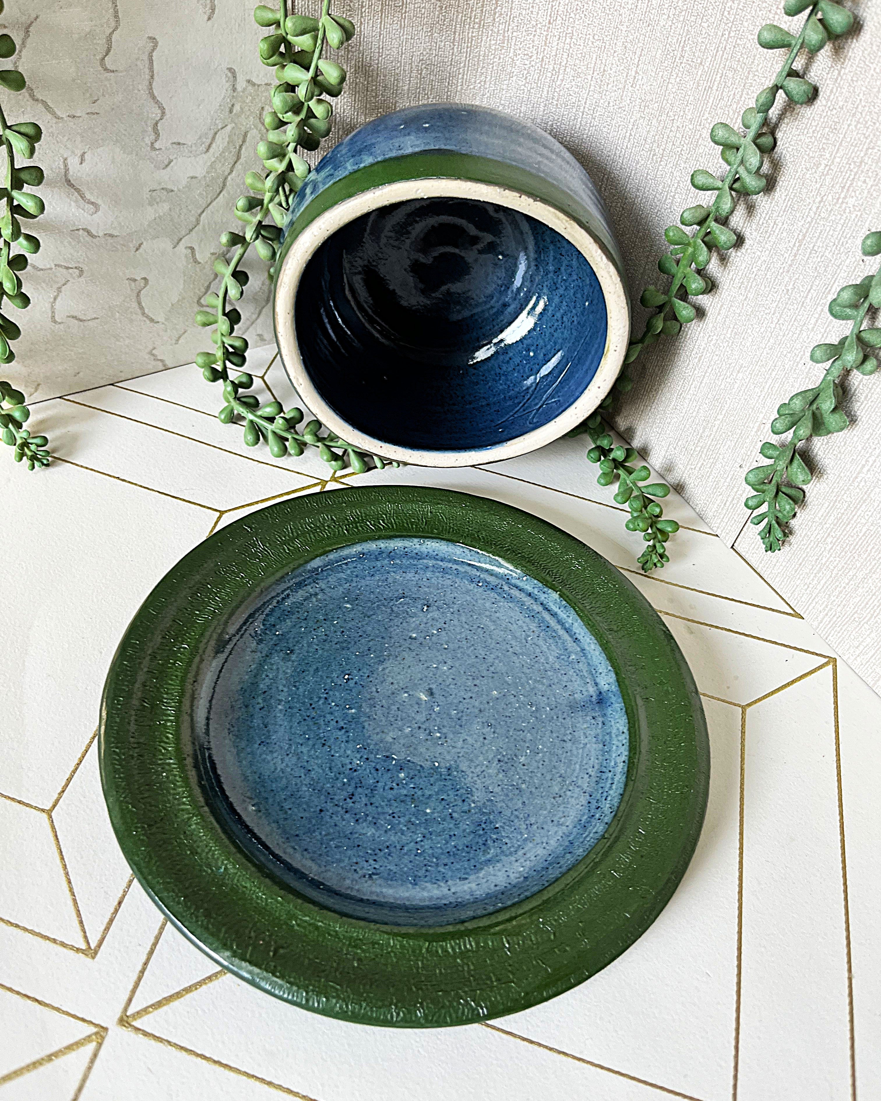 Studio Pottery: French Butter Bell Blue & Green