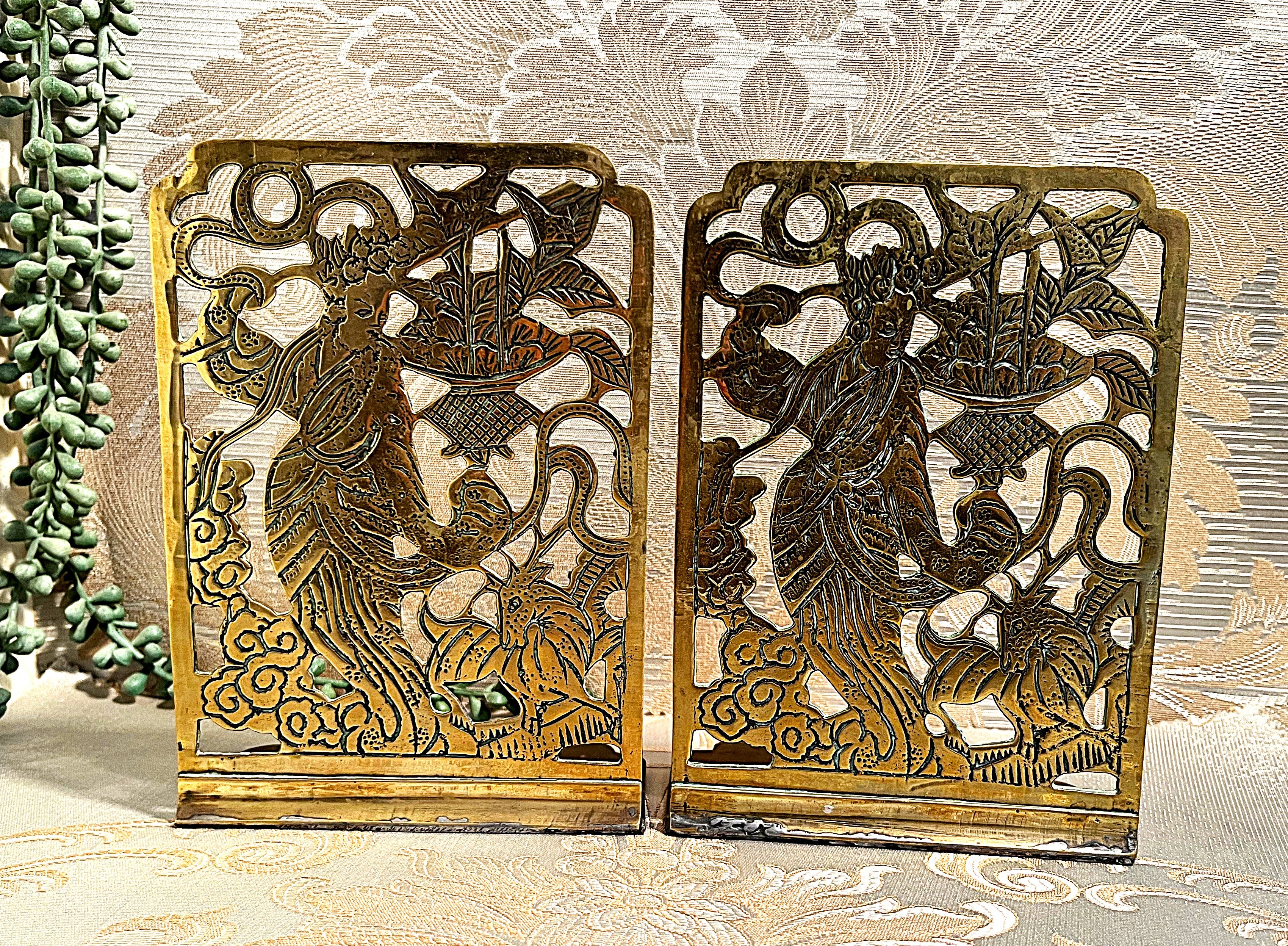 Bookends: Antique Chinese Folk Art Brass Bookends