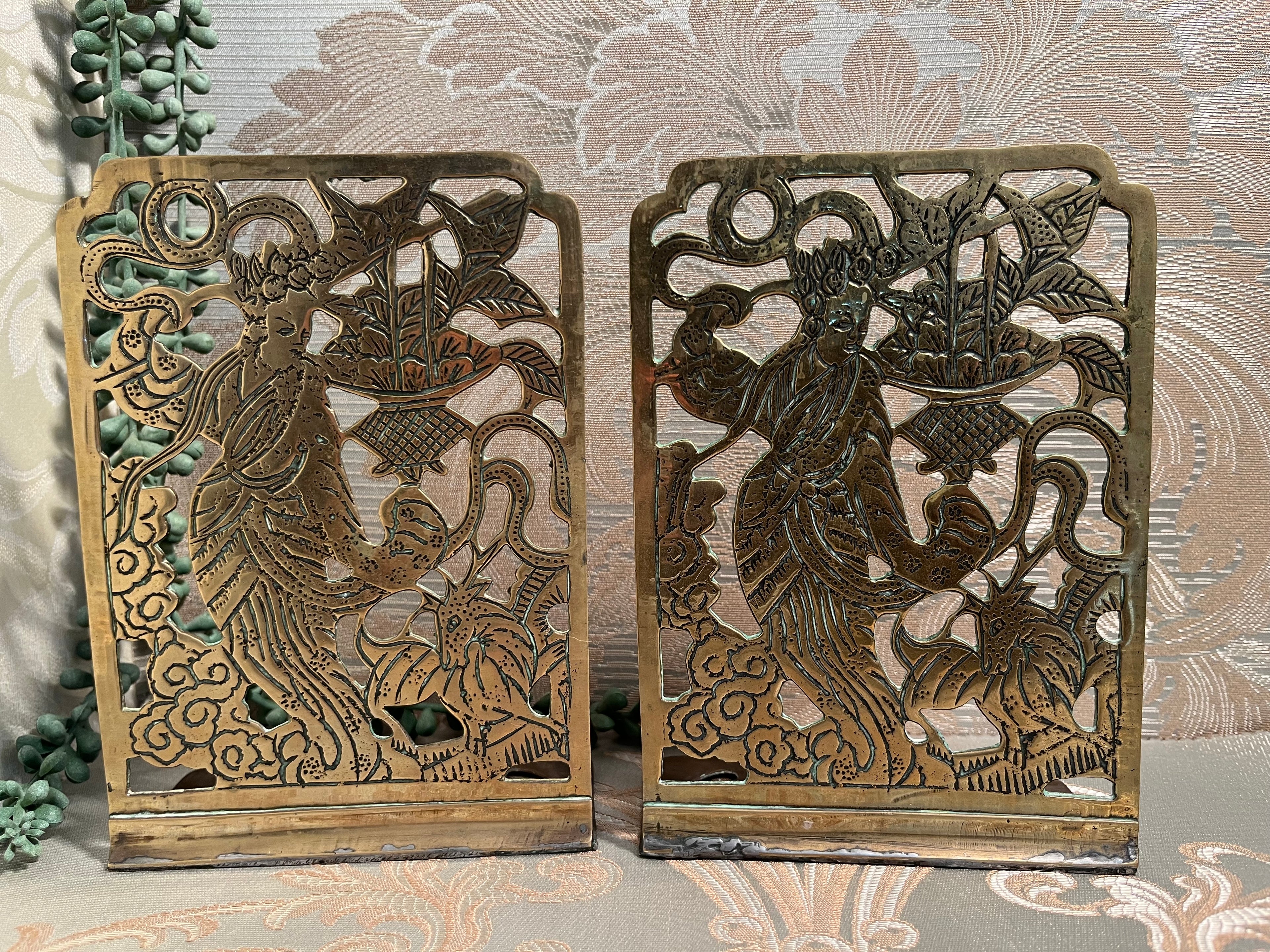 Bookends: Antique Chinese Folk Art Brass Bookends