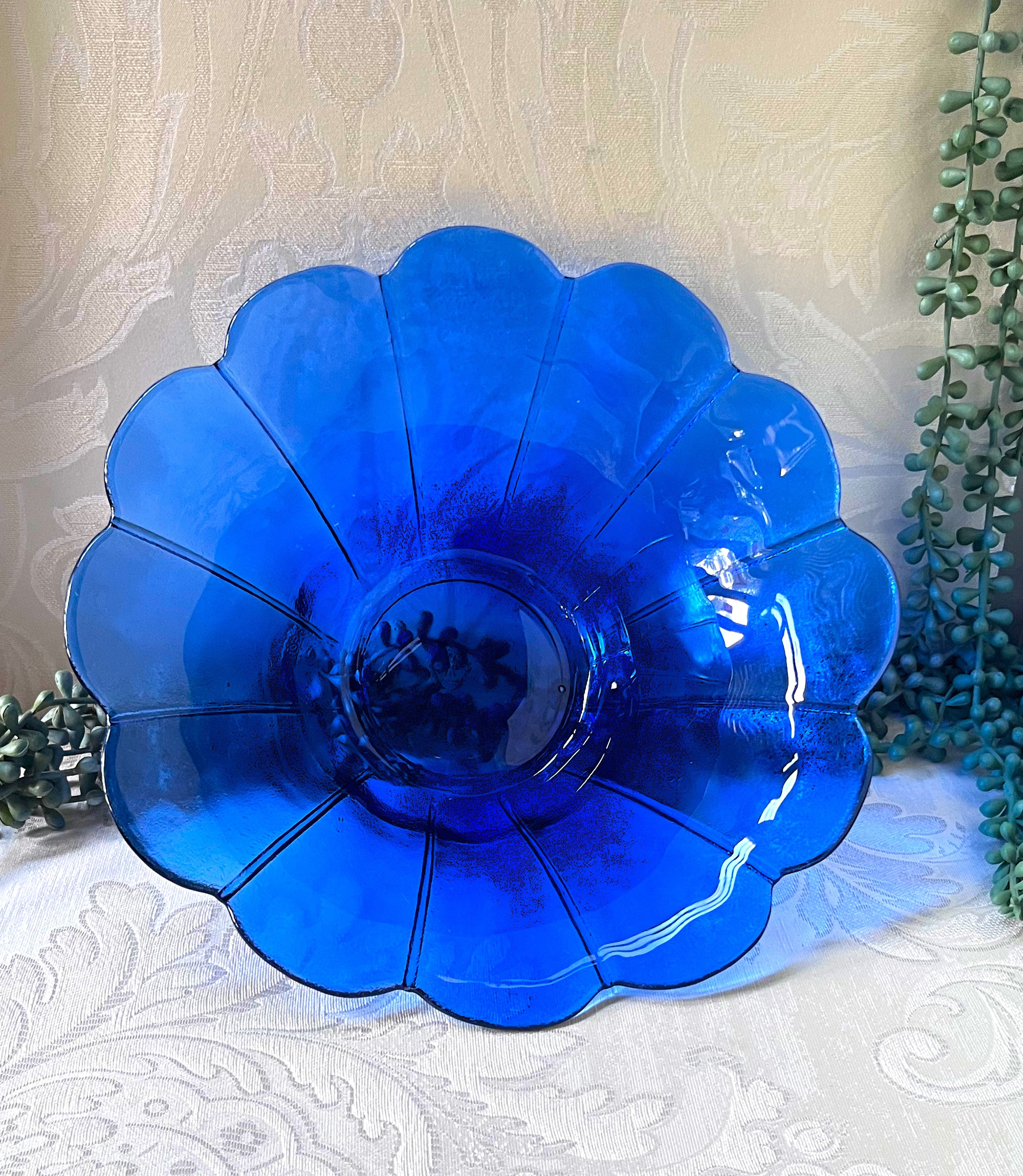 Coloured Glass: Vidrios de Levante Cobalt Blue Scalloped Bowl, Floral Design