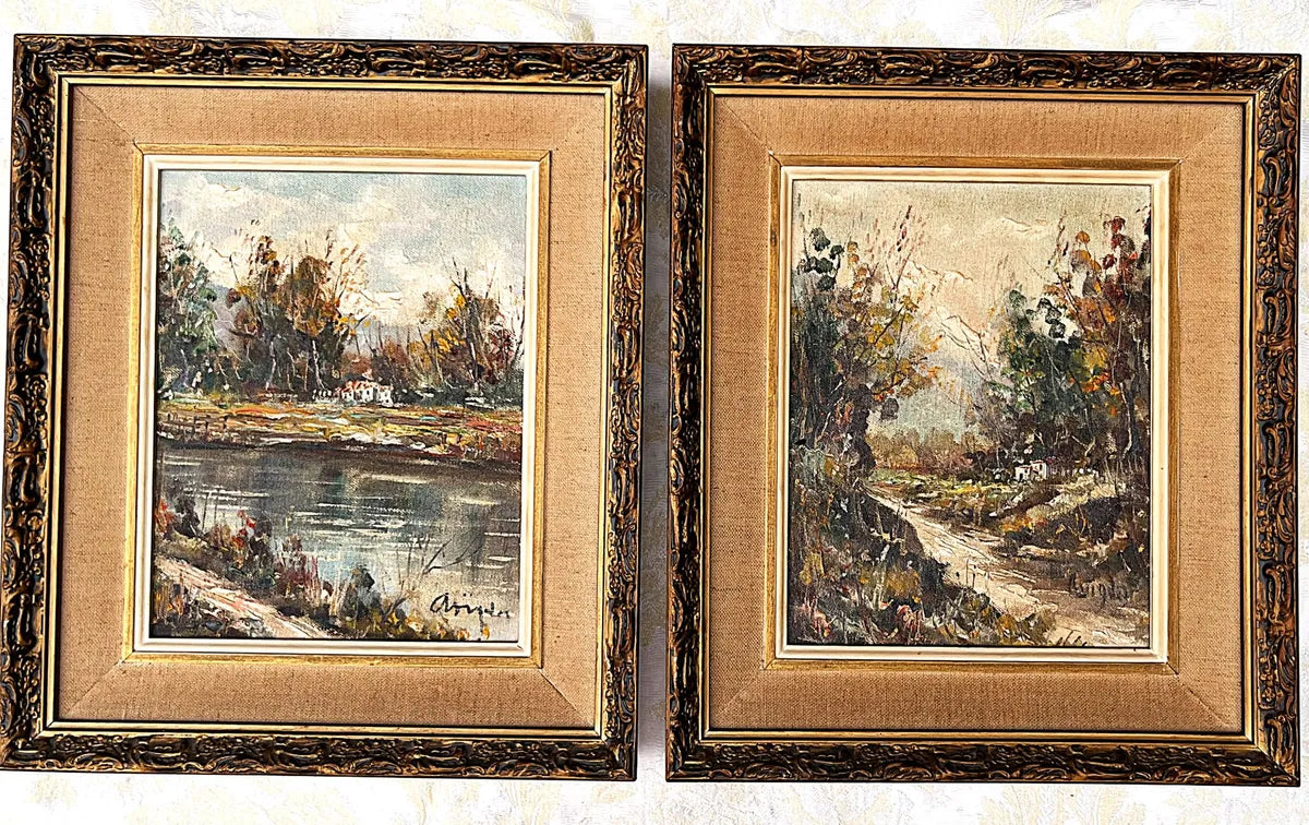 Wall Art: Mid-Century "Studio" Oil Landscapes, Pair