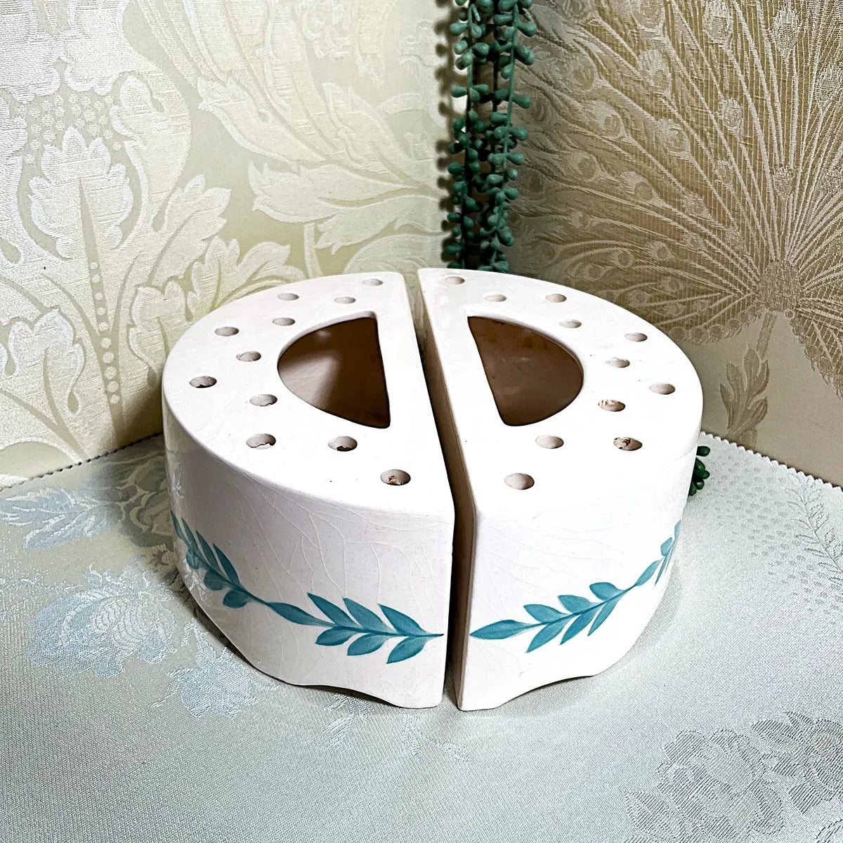 T.W. Pottery: Flower Brick Half Moon Sage Green White, Pair