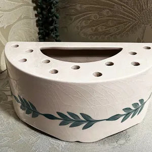 T.W. Pottery: Flower Brick Half Moon Sage Green White, Pair