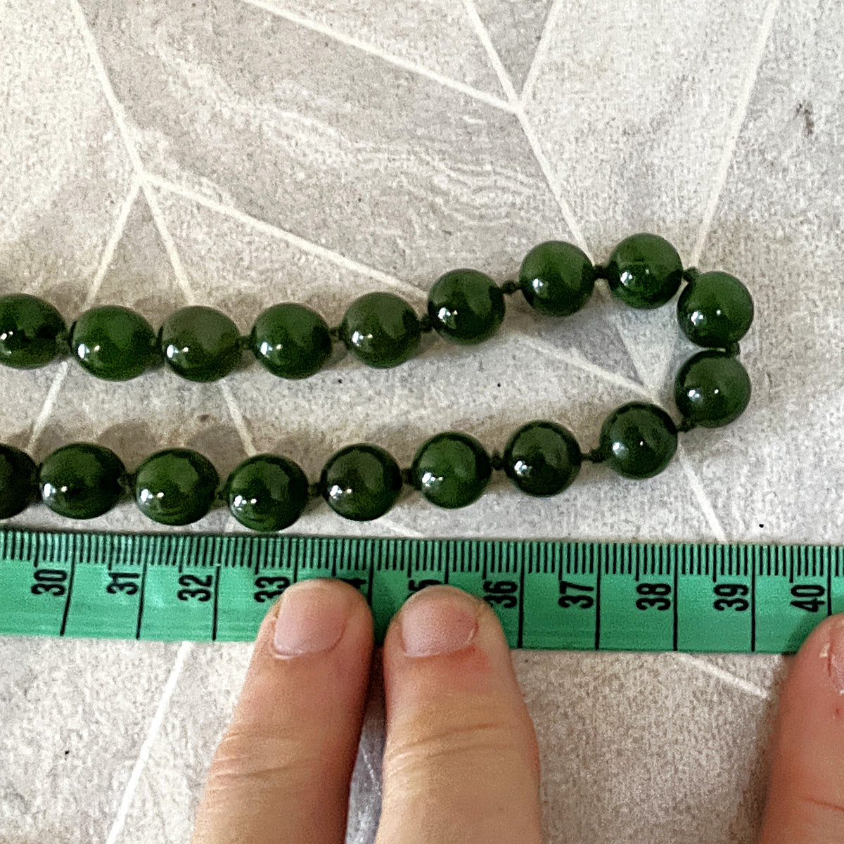 Jewellery: Translucent Deep Spinach Green Nephrite Jade Hand-Knotted 90cm Continuous Opera Strand