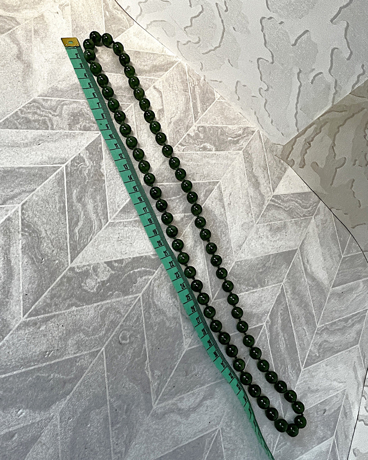 Jewellery: Translucent Deep Spinach Green Nephrite Jade Hand-Knotted 90cm Continuous Opera Strand