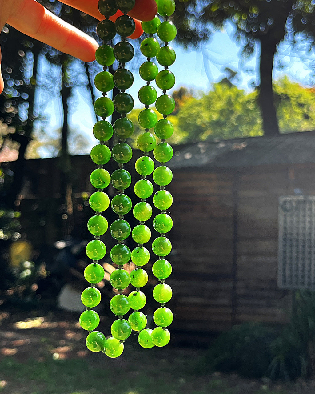 Jewellery: Translucent Deep Spinach Green Nephrite Jade Hand-Knotted 90cm Continuous Opera Strand