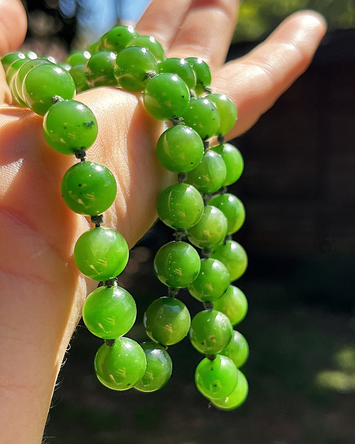 Jewellery: Translucent Deep Spinach Green Nephrite Jade Hand-Knotted 90cm Continuous Opera Strand