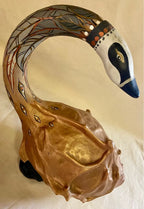 Wood Décor: Hand-Painted Gilded Calabash Swan Folk Art Sculpture